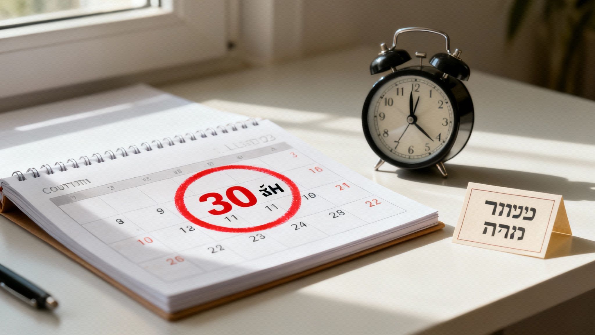 לוח שנה מודגש עם תאריך 30, שעון מעורר וכרטיס "פיטור מורה", מסמל מועד חשוב לבקשה לביטול פסק דין.