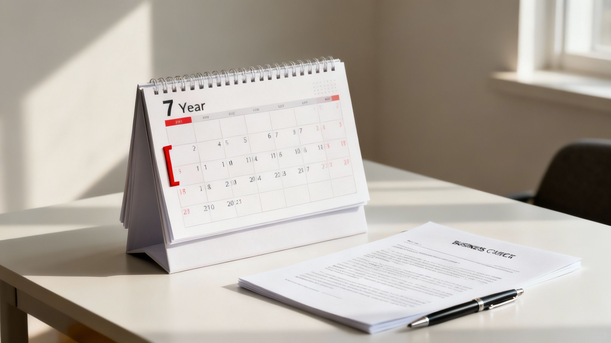 A desk calendar showing '7 Year' next to a business contract and a pen on a white desk.