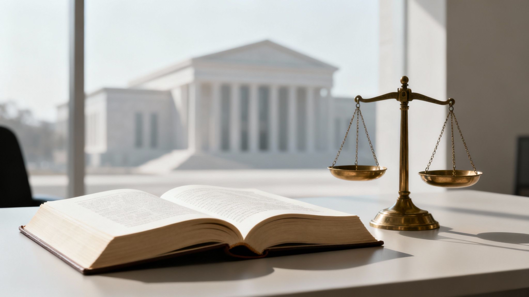 Open law book and golden scales of justice on a white desk, with a blurred courthouse building outside.