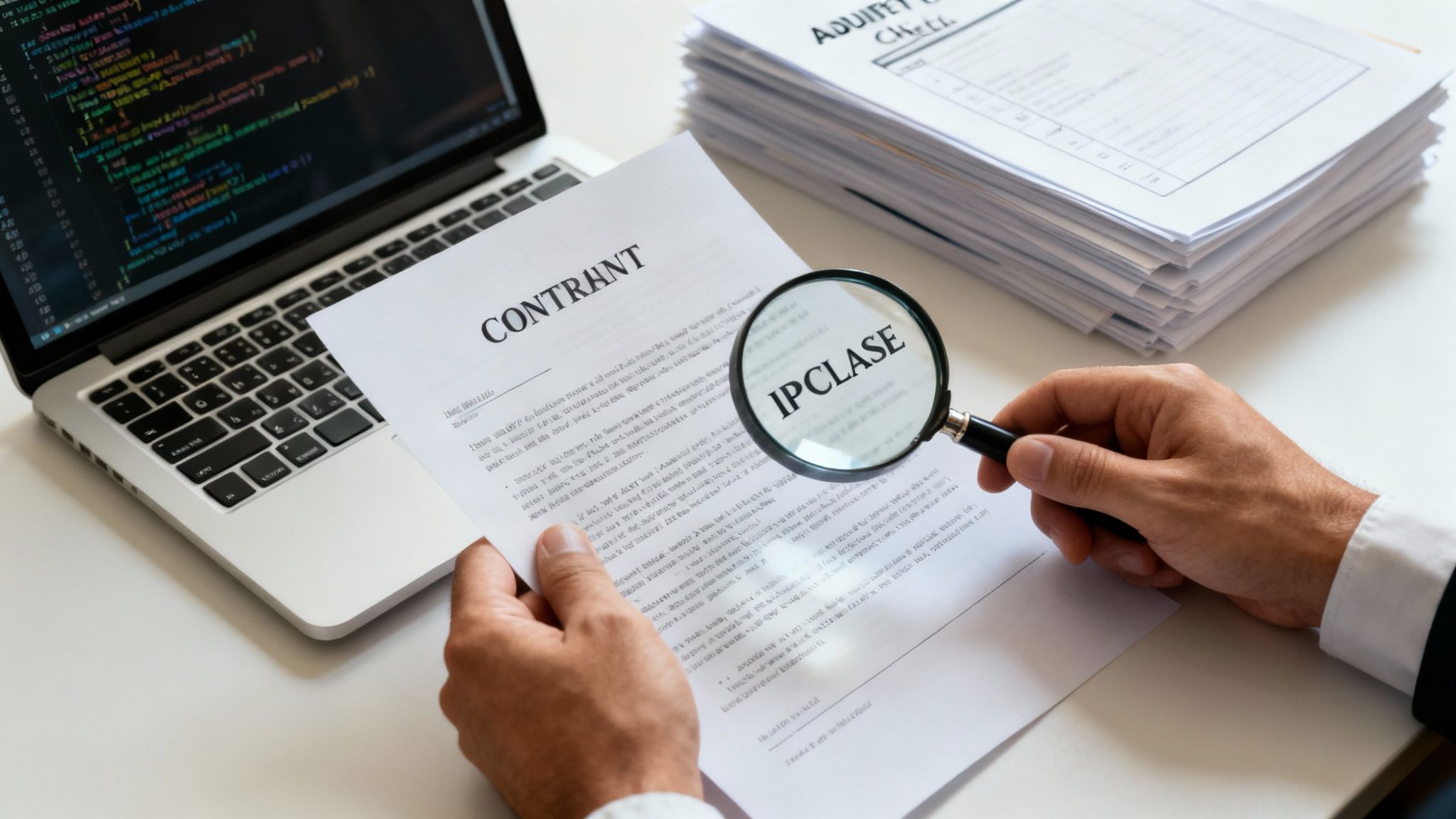 Person reviewing a contract document with a magnifying glass, next to a laptop displaying code.