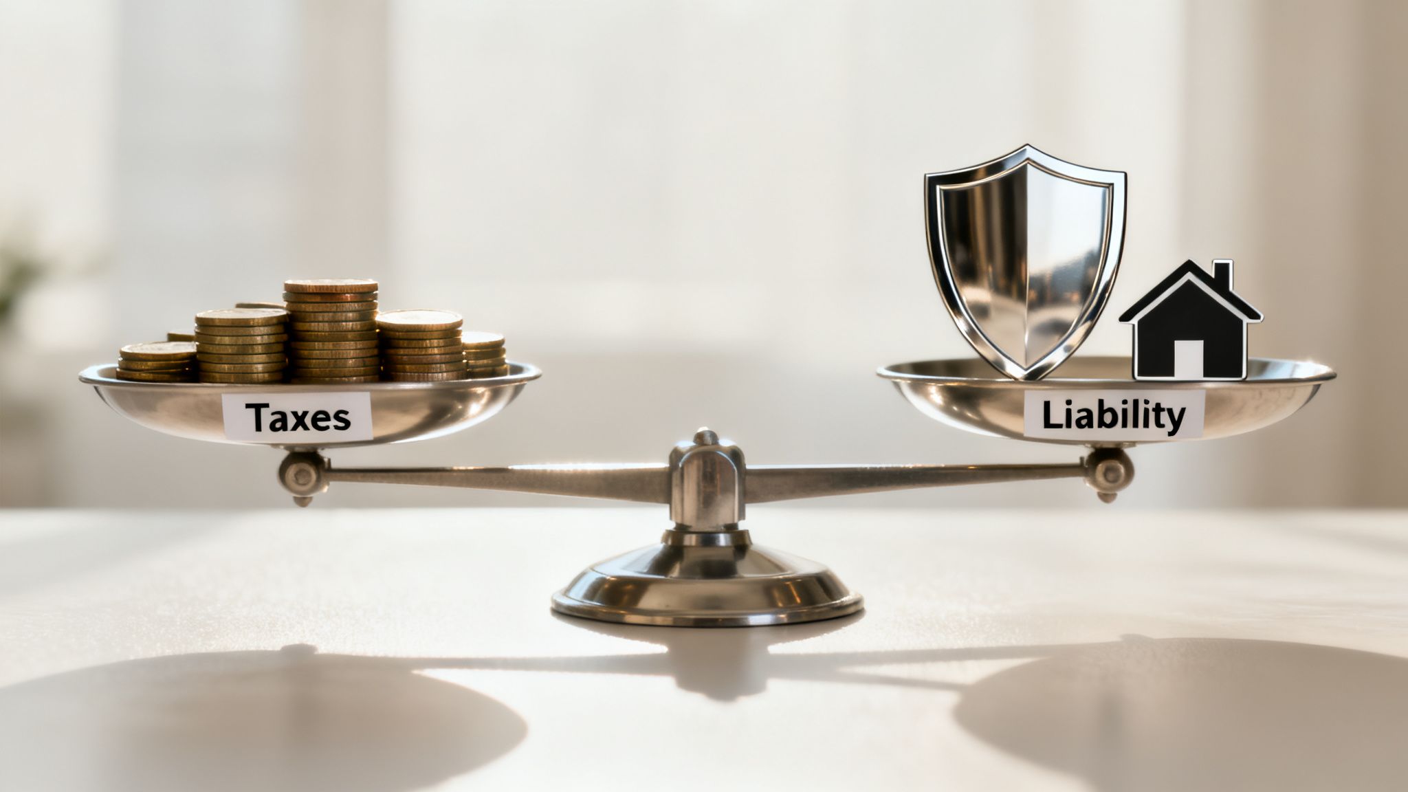 A balanced scale with coins and 'Taxes' on one side, and a shield and house 'Liability' on the other.