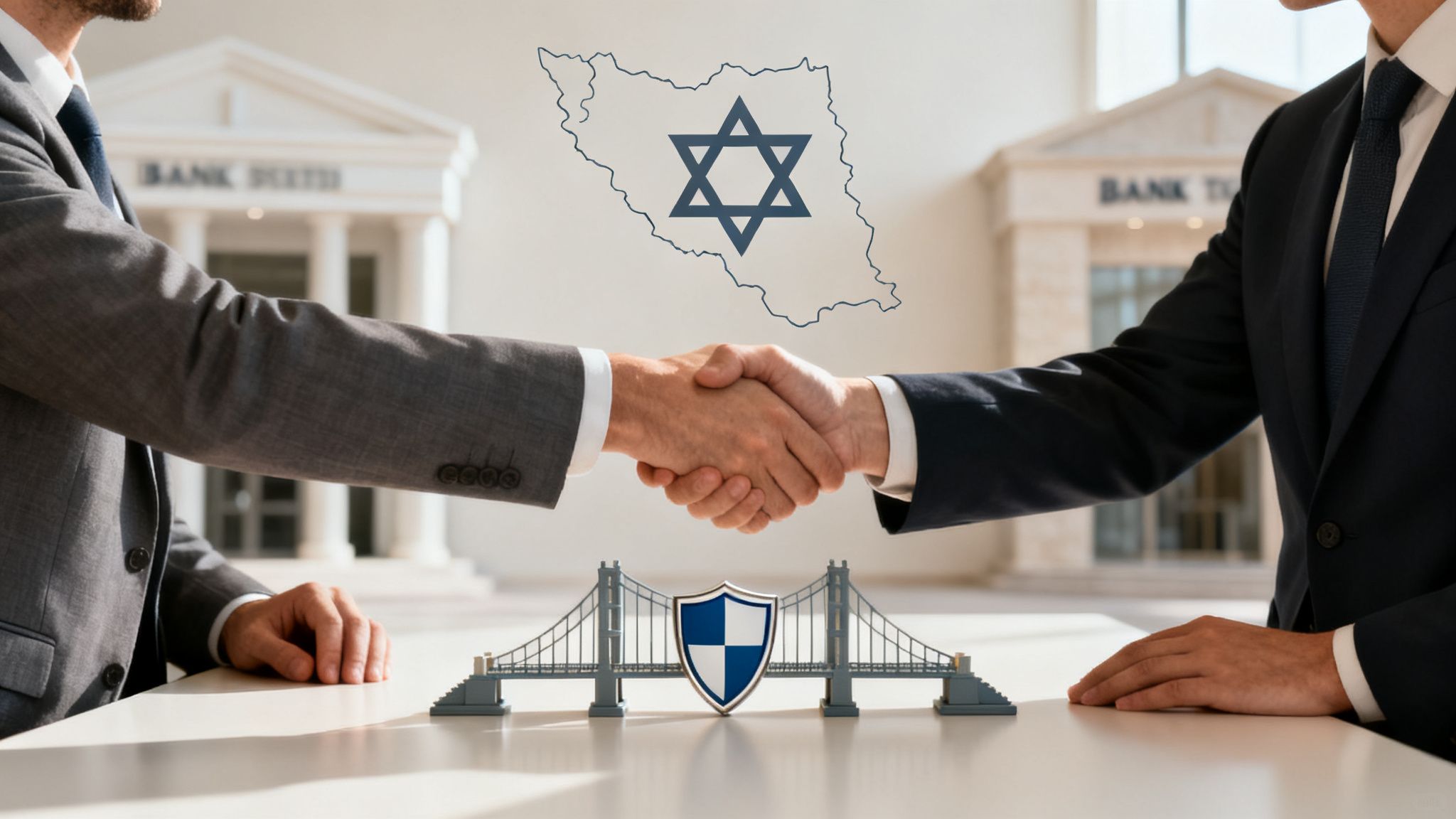 Businessmen shaking hands over a bridge and shield, symbolizing a geopolitical deal involving Iran and Israel.