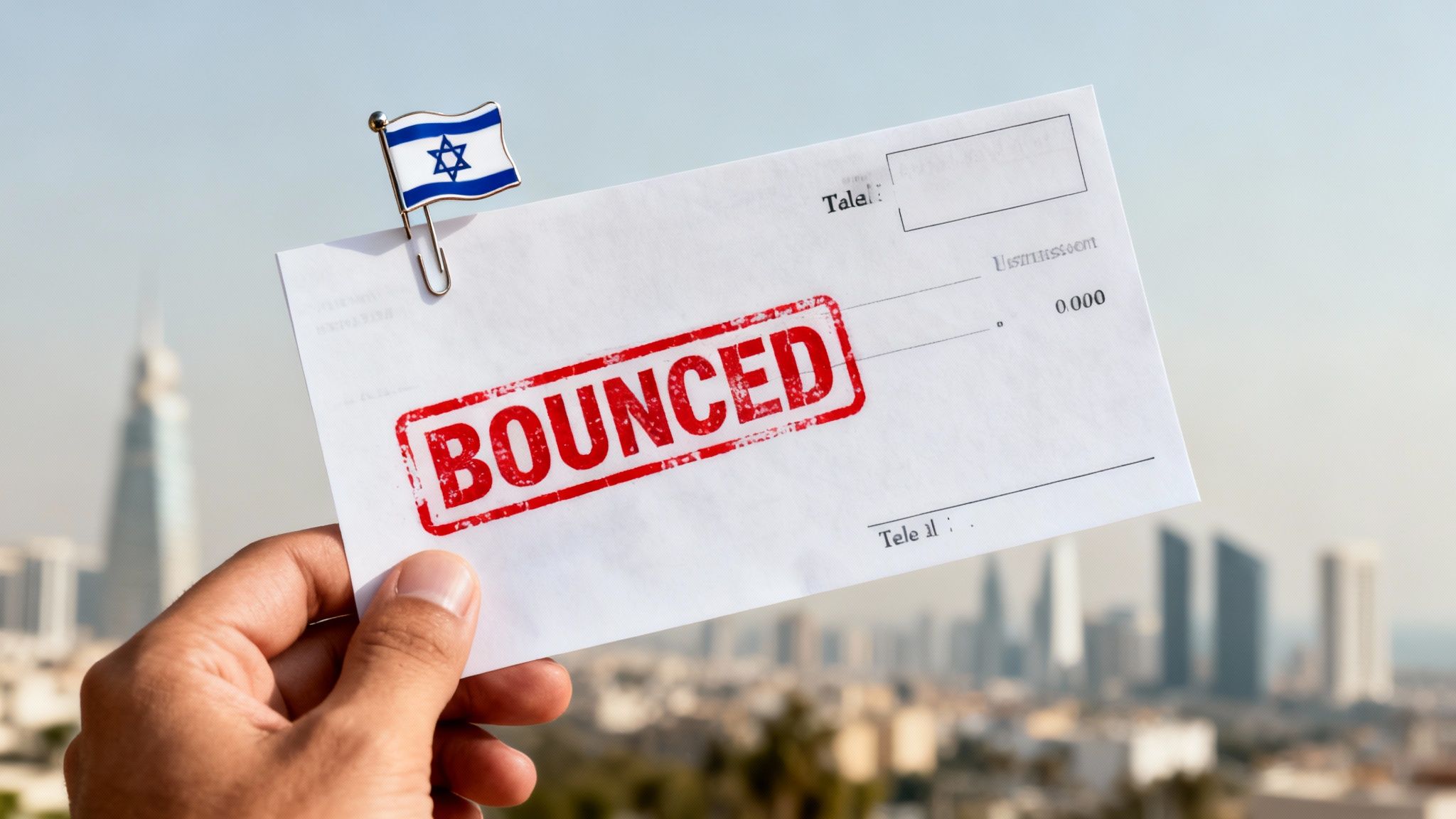 A hand holds a white check with an Israeli flag paperclip, stamped 'BOUNCED', against a blurred city skyline.