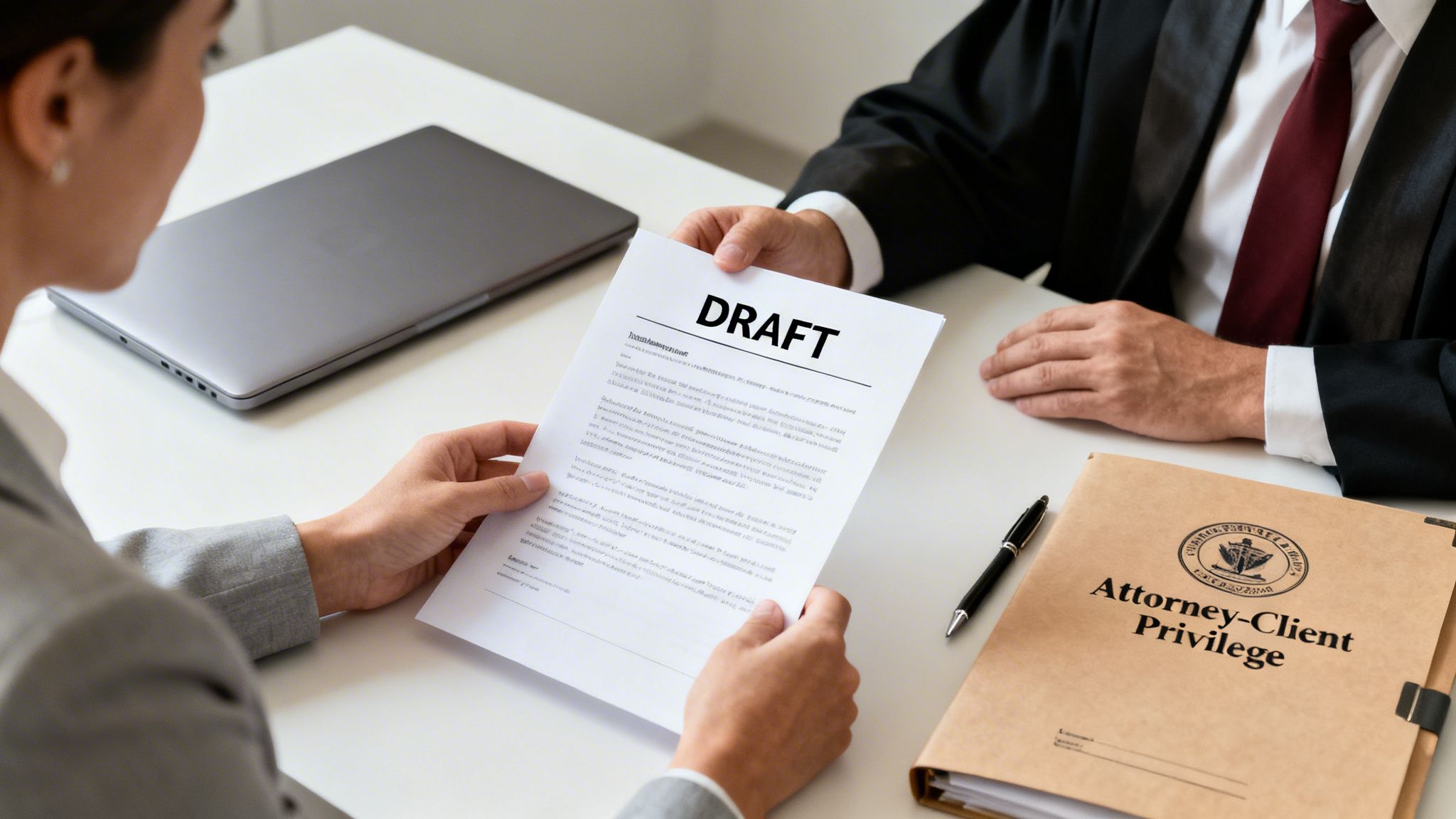 Two people discuss a draft legal document, with an 'Attorney-Client Privilege' folder nearby on a white desk.