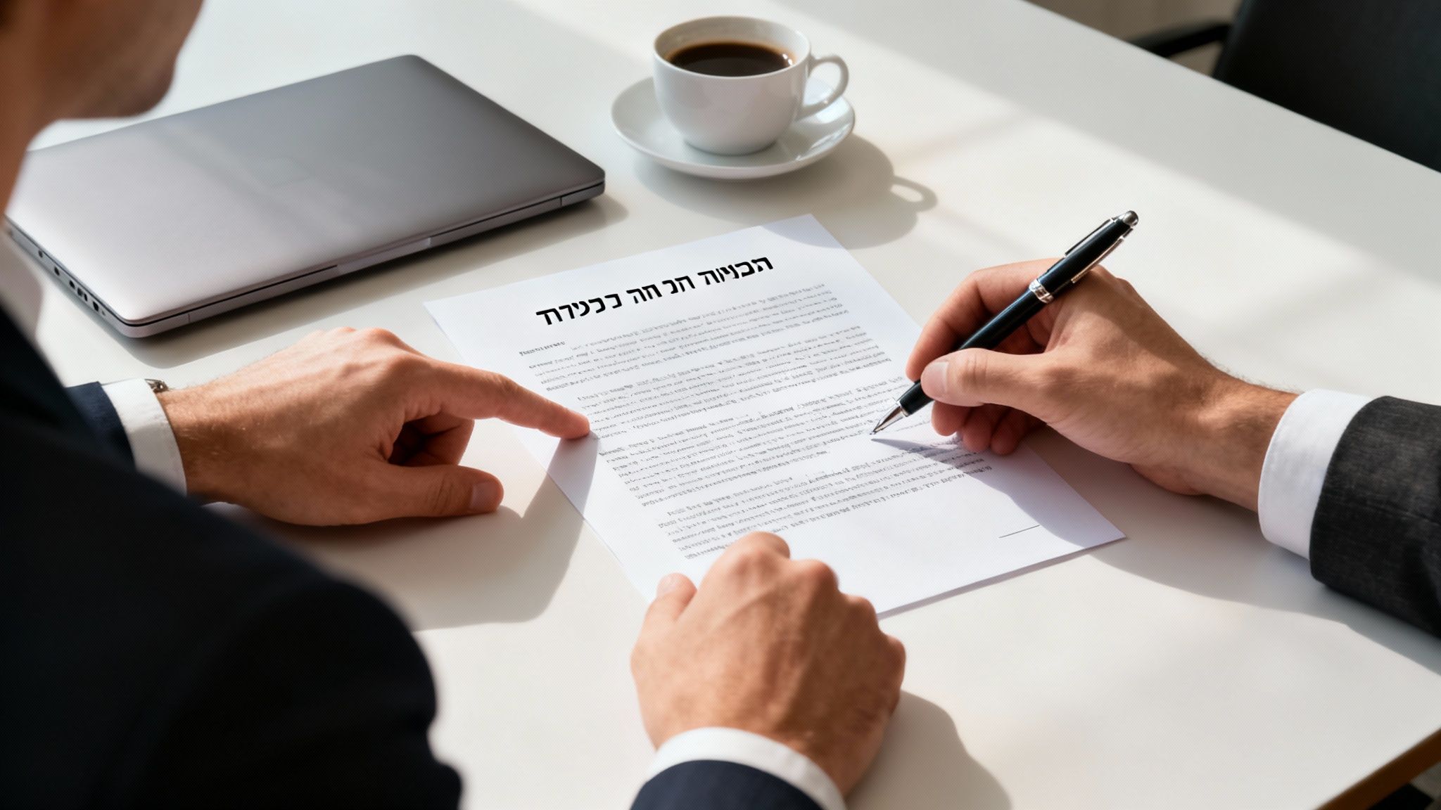 A professional signing a contract, with another hand pointing to a clause, indicating negotiation and legal review.