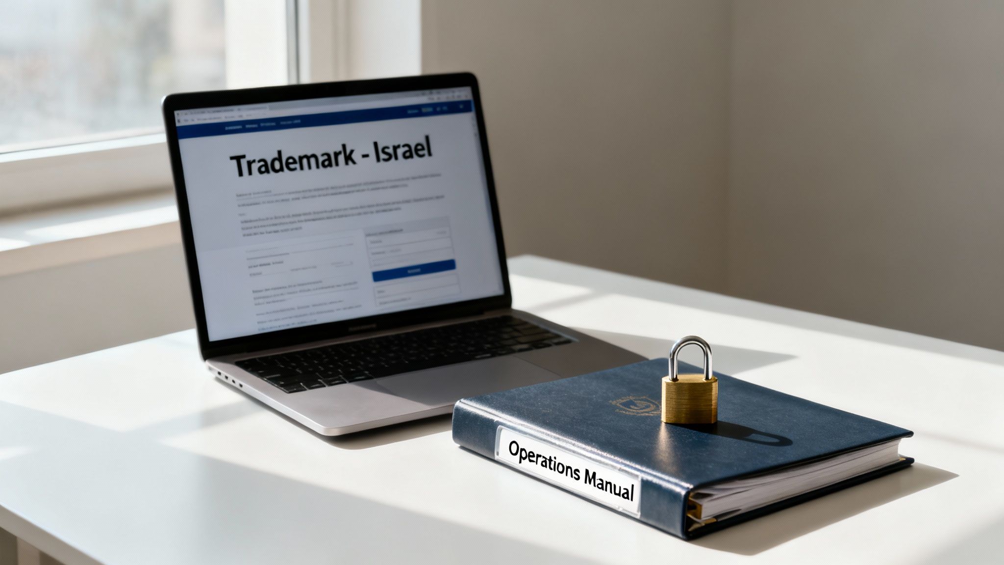 A laptop showing 'Trademark - Israel' on screen, with a locked 'Operations Manual' binder beside it.