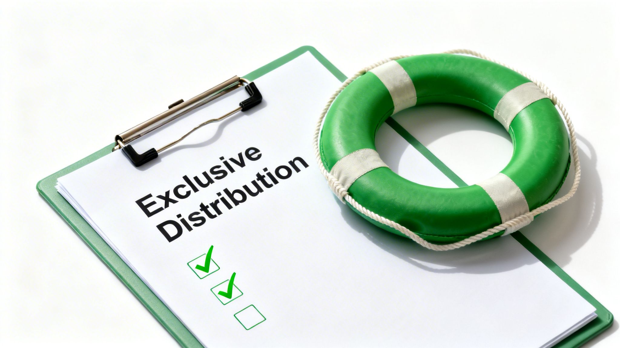 A clipboard with 'Exclusive Distribution' document, two checkboxes marked, and a green lifebuoy.