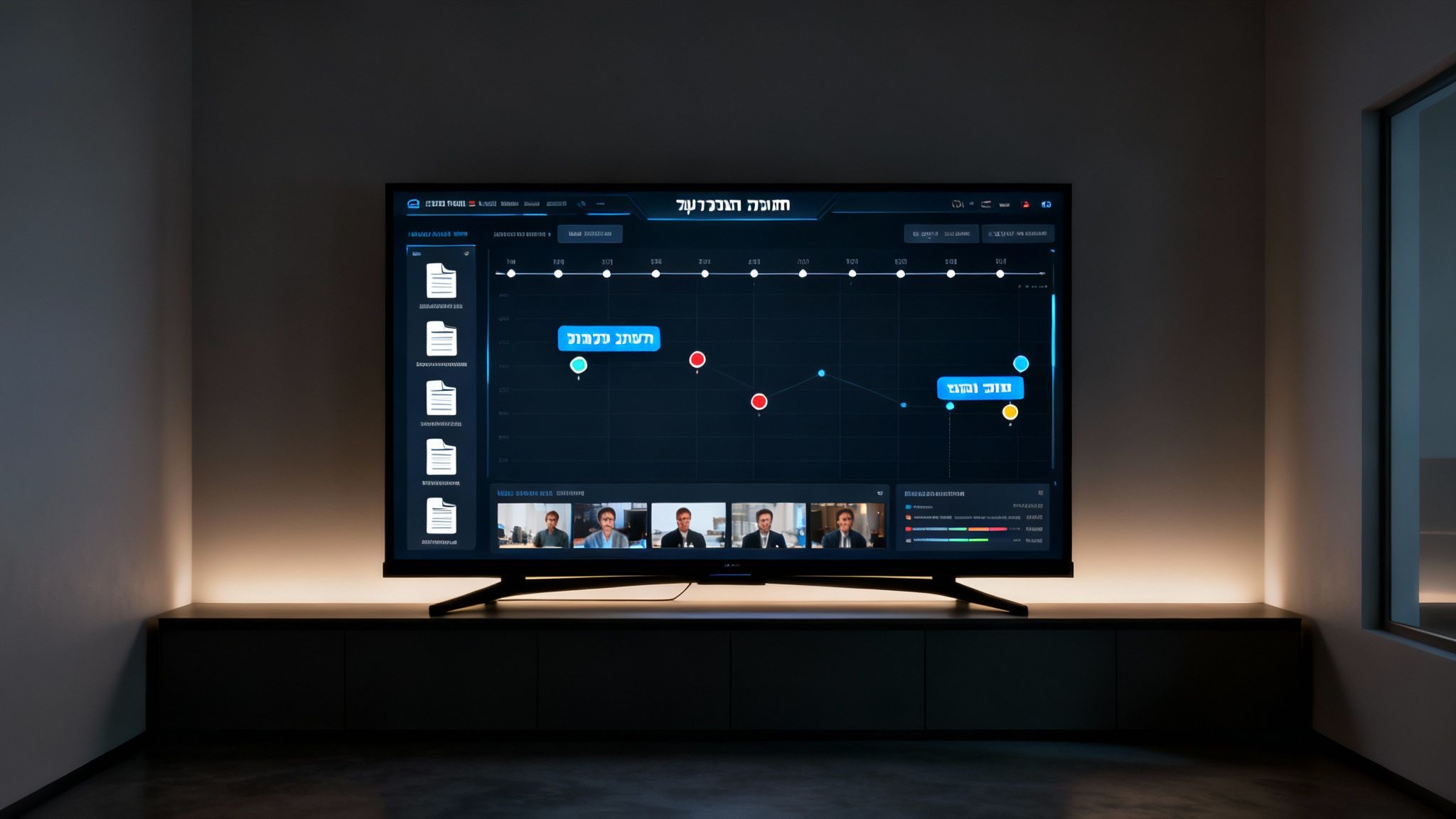 מסך טלוויזיה גדול בחדר חשוך מציג גרף נתונים ושיחת ועידה בווידאו, עם תאורה עקיפה.