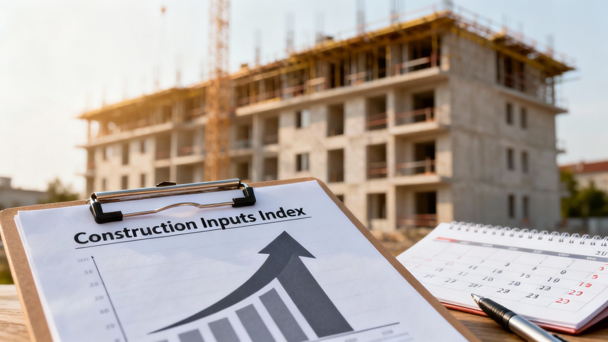 Graph of 'Construction Inputs Index' with an upward arrow and calendar in front of a building under construction.