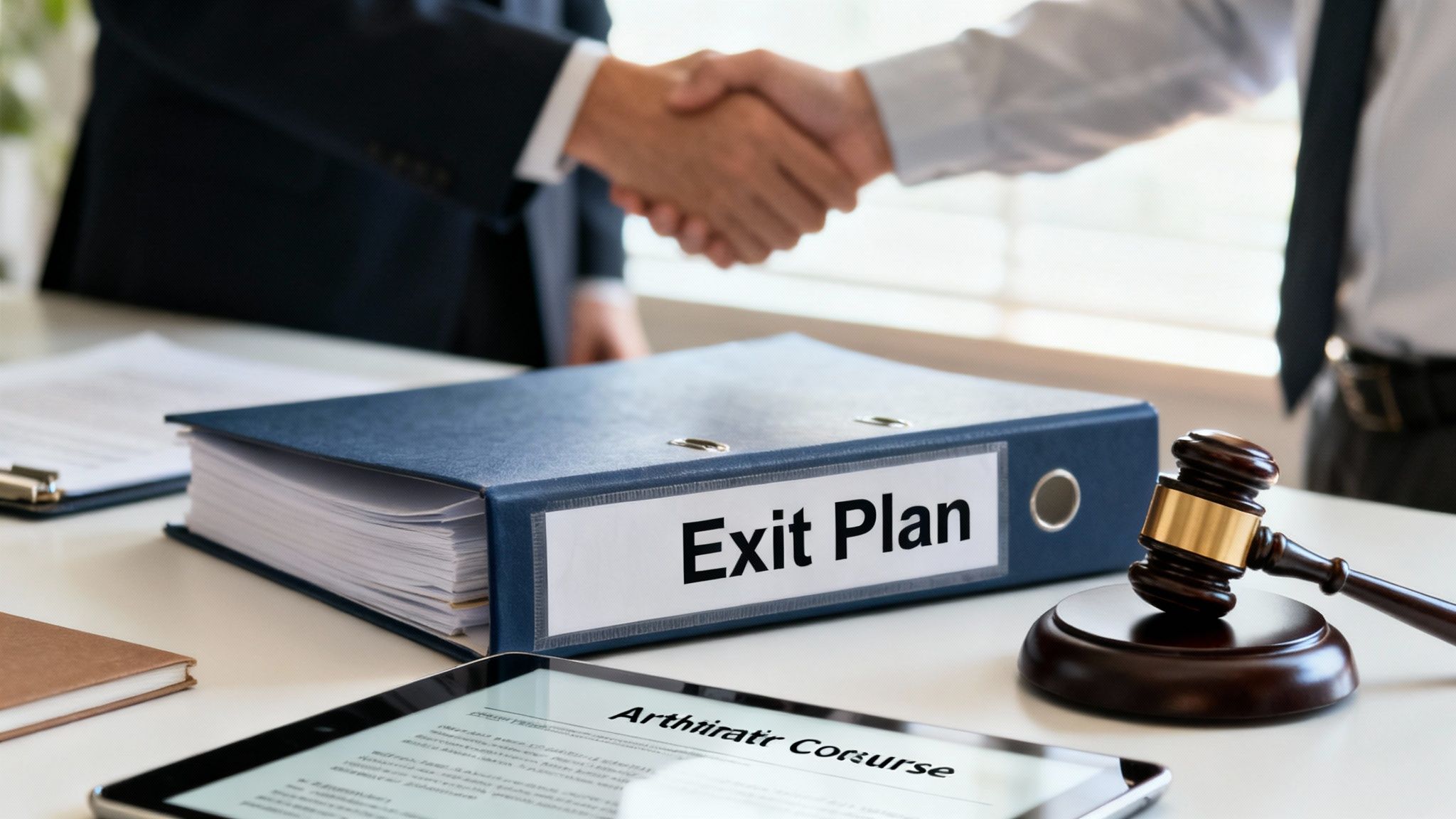 Business professionals shaking hands above an 'Exit Plan' binder and legal gavel on a table.