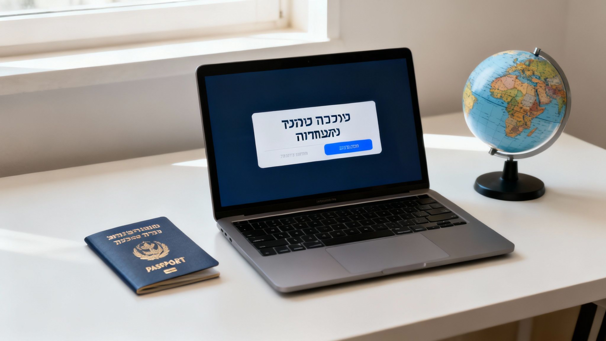 שולחן עבודה מואר עם מחשב נייד המציג מסך הודעה, דרכון ישראלי וגלובוס.