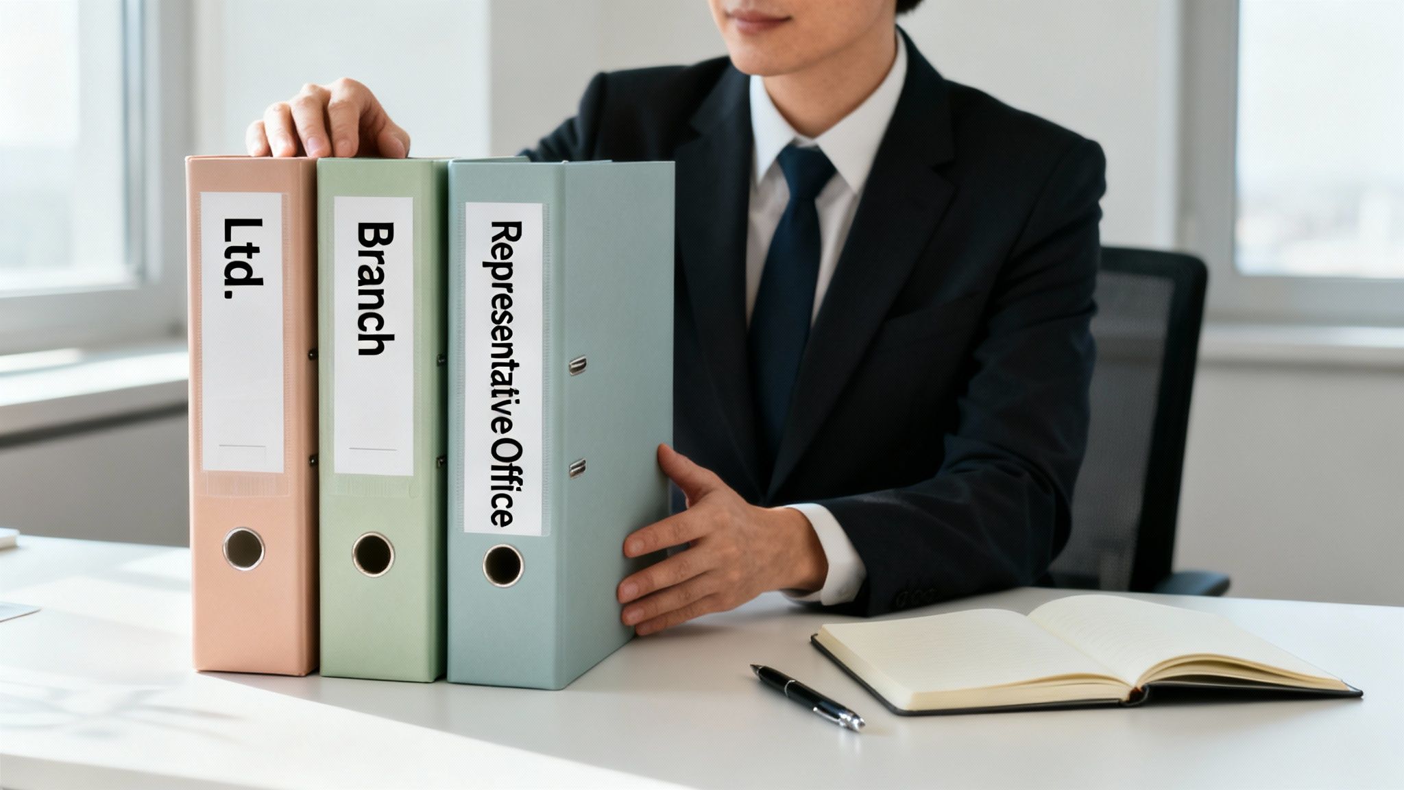 A person in a suit arranges binders labeled 'Ltd.', 'Branch', and 'Representative Office' on an office desk.