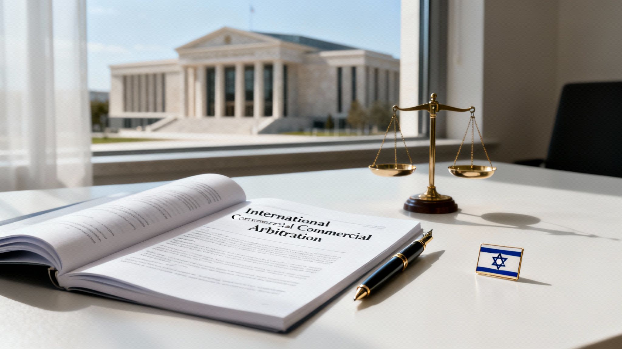 A book on International Commercial Arbitration, Israel flag, scales of justice, and a courthouse in the background.