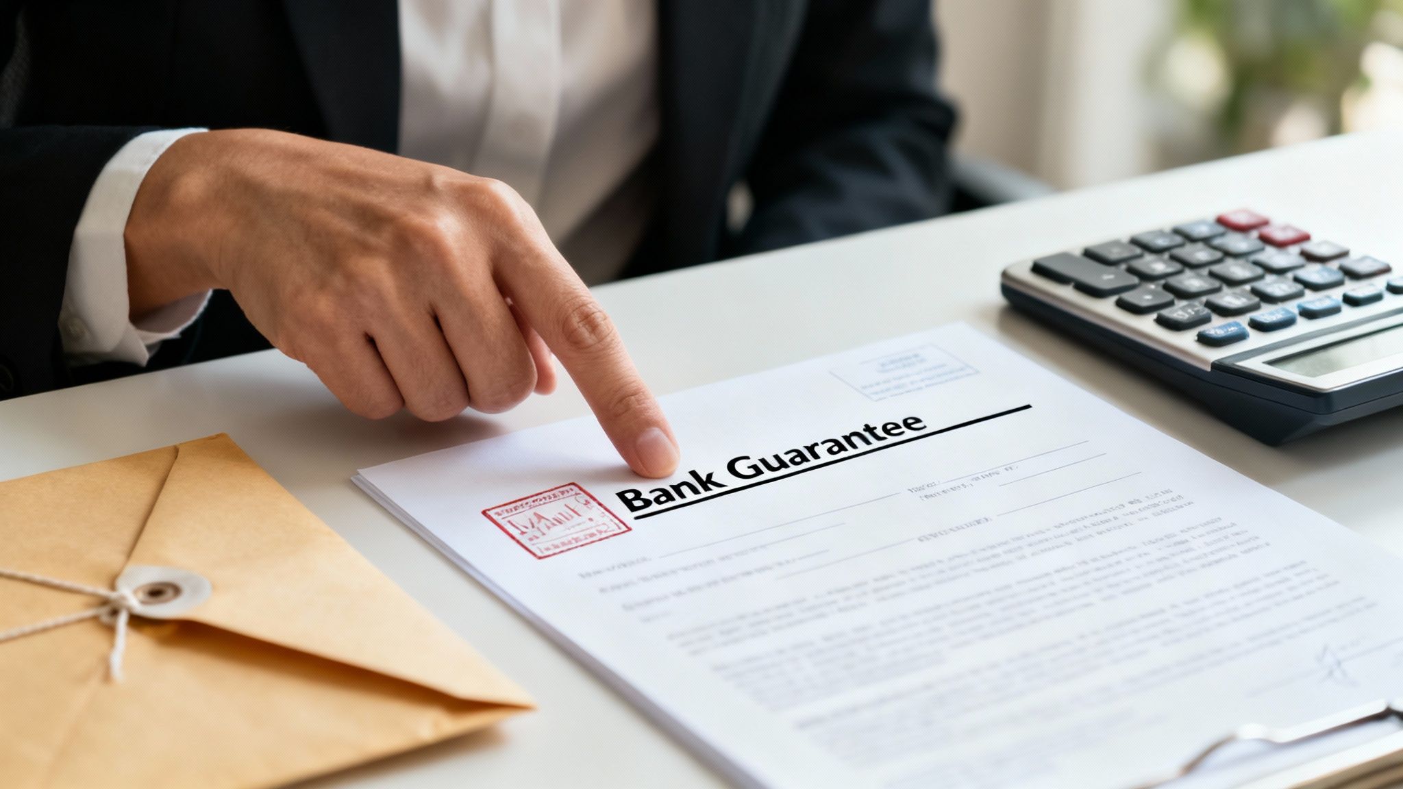 A person's hand points to a 'Bank Guarantee' document on a desk with a calculator and envelope.