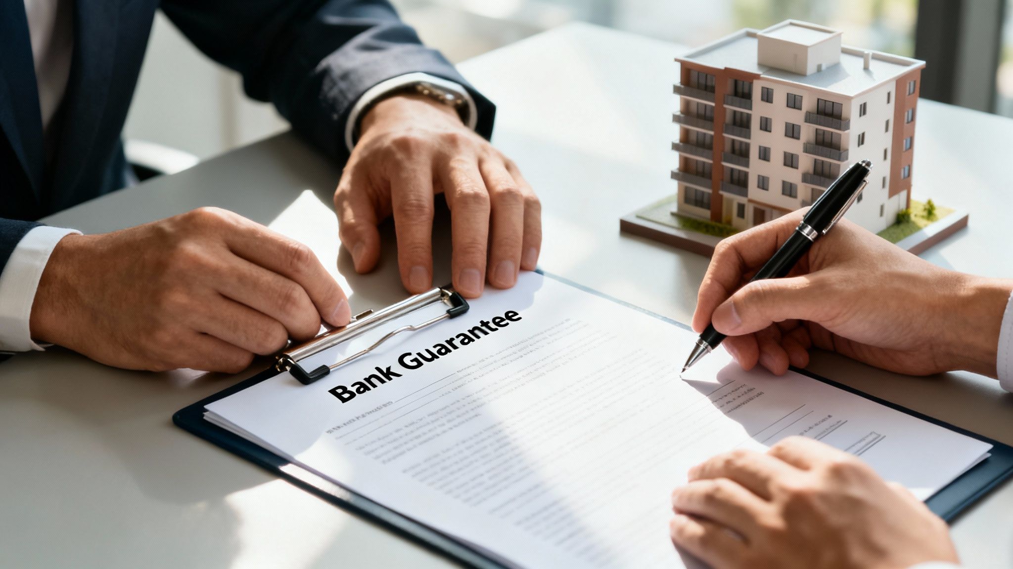Hands signing a 'Bank Guarantee' document on a desk, with a model building nearby, implying a property transaction.
