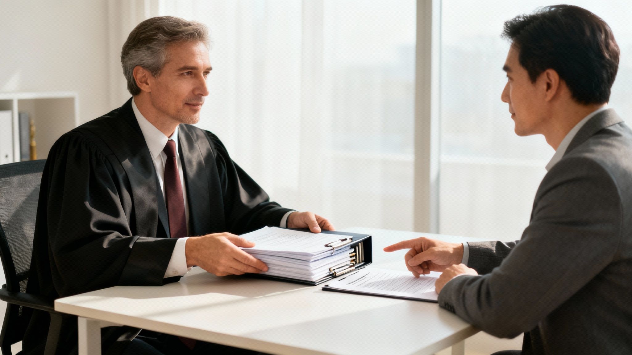 עורך דין לוחץ יד ללקוח במשרד מקצועי