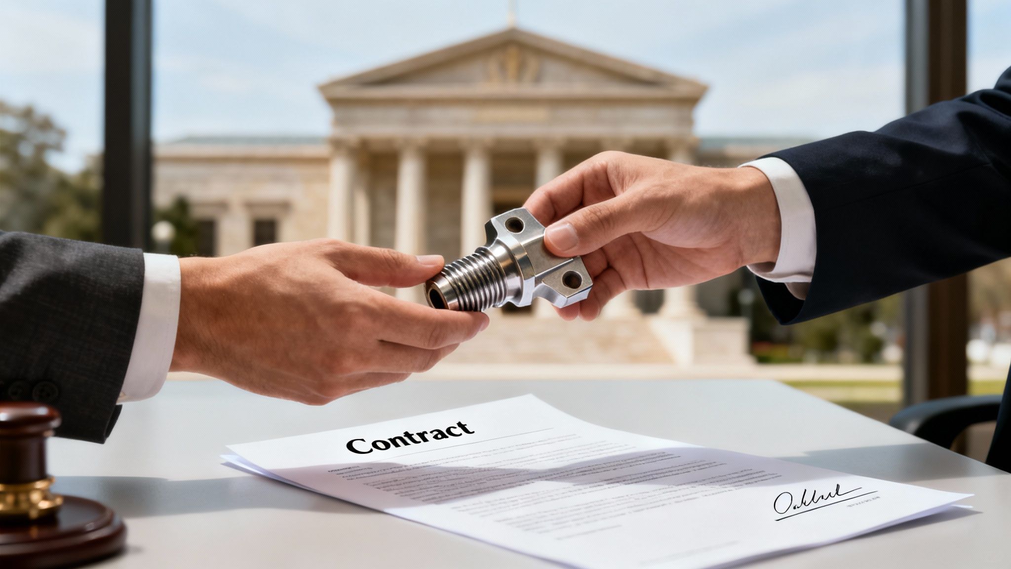 Two business people exchange a metal part over a signed contract document, with a courthouse in the background.