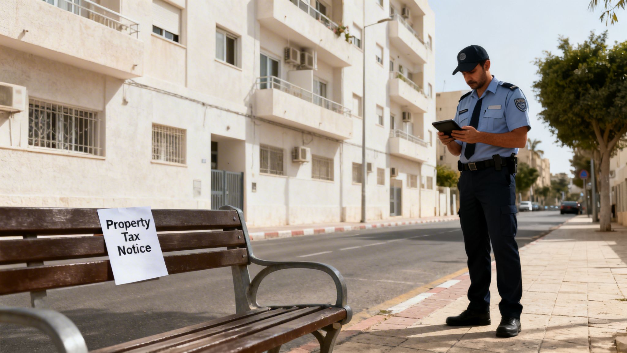A uniformed officer examines a tablet on a street, with a 'Property Tax Notice' on a bench.