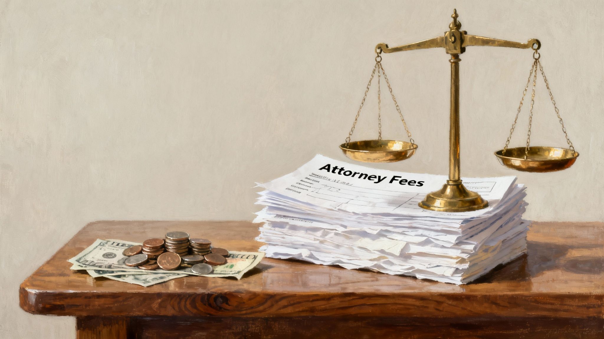 A scale of justice balancing a stack of attorney fee documents and a pile of a pile of money.