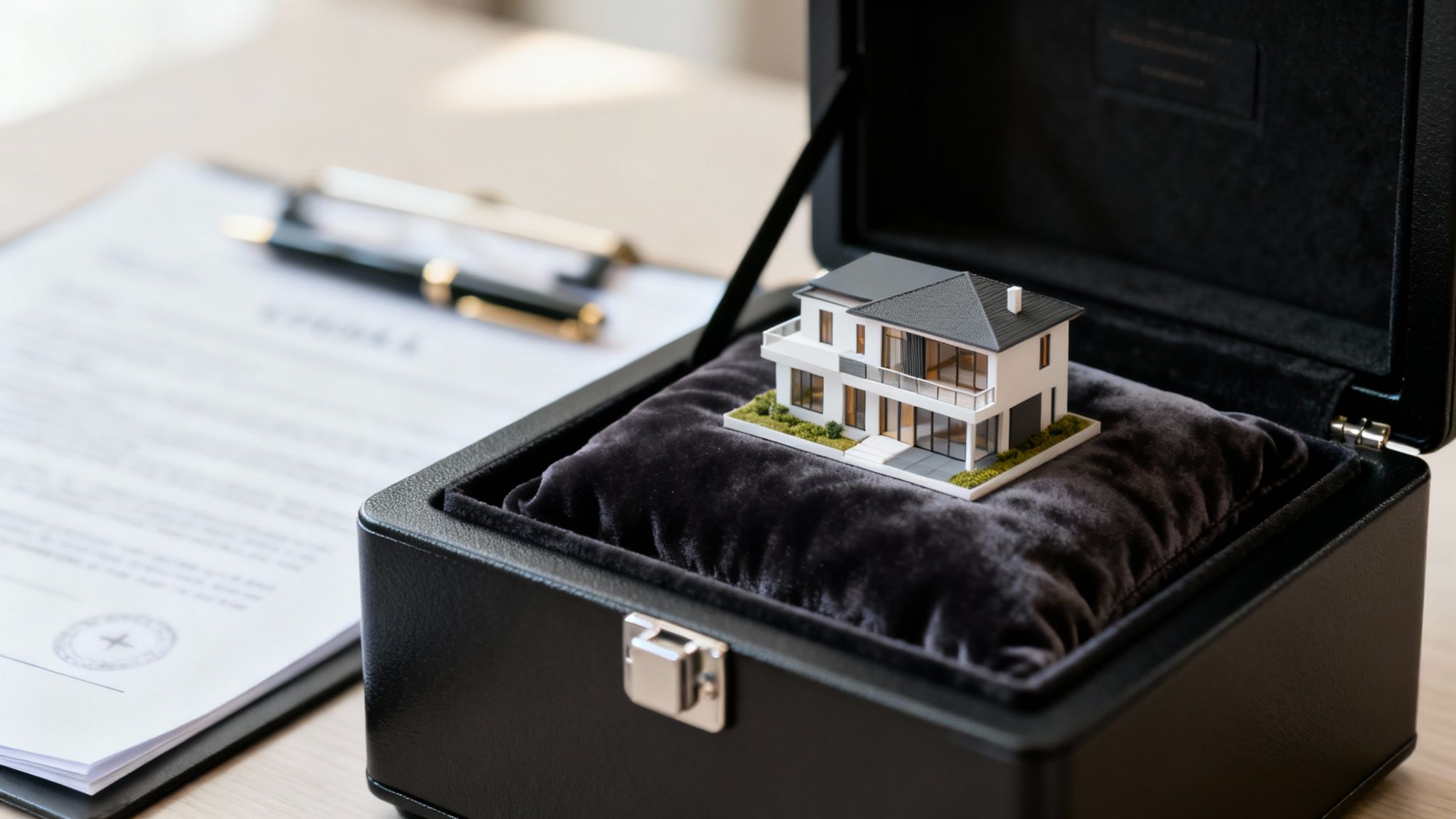 A miniature luxury house model rests on a dark velvet cushion inside an open black box, beside blurred documents and a pen.