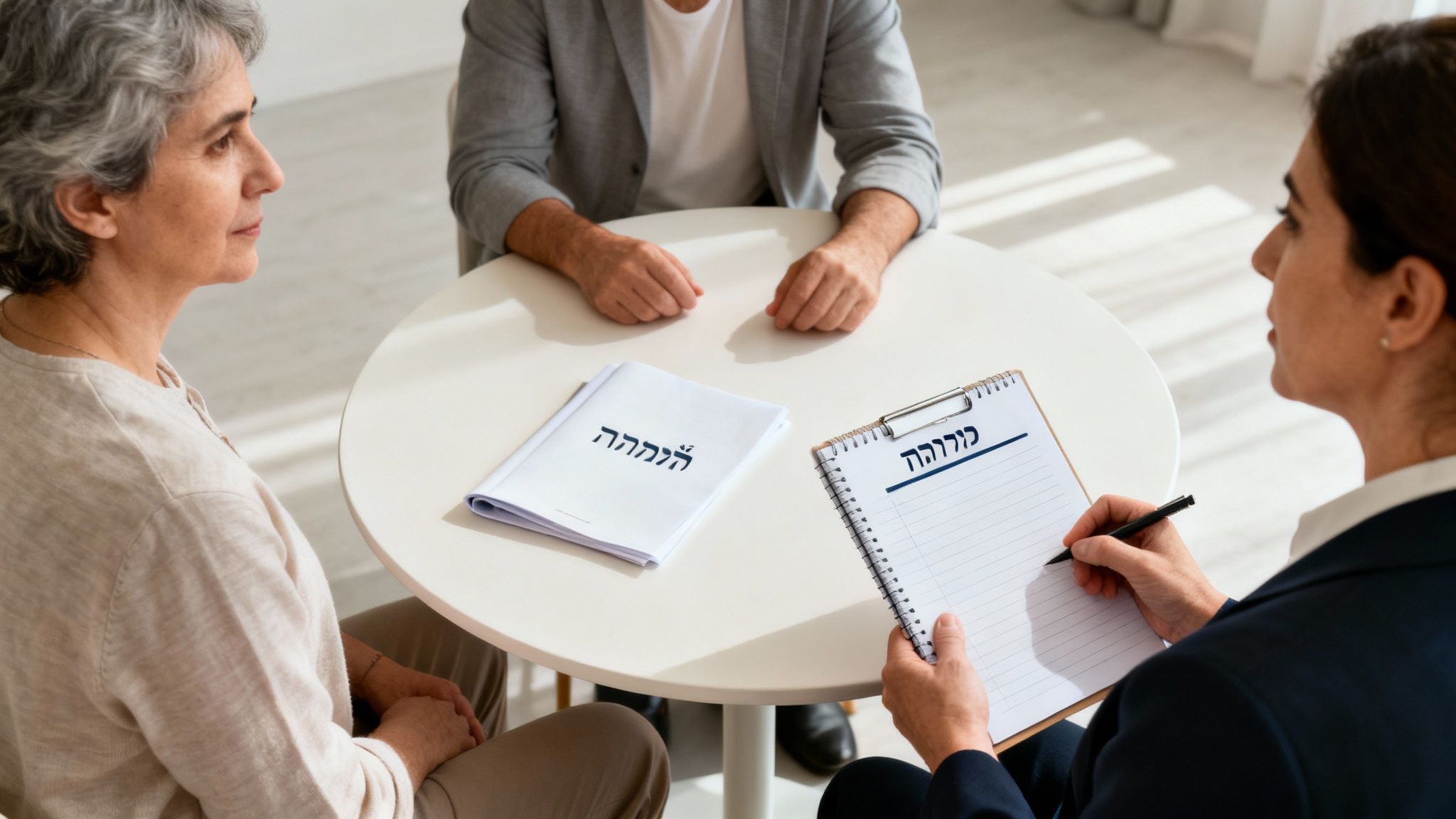 שלושה אנשים יושבים סביב שולחן לבן, דנים בהסכם הלוואה עם מסמכים ופתקים בעברית.