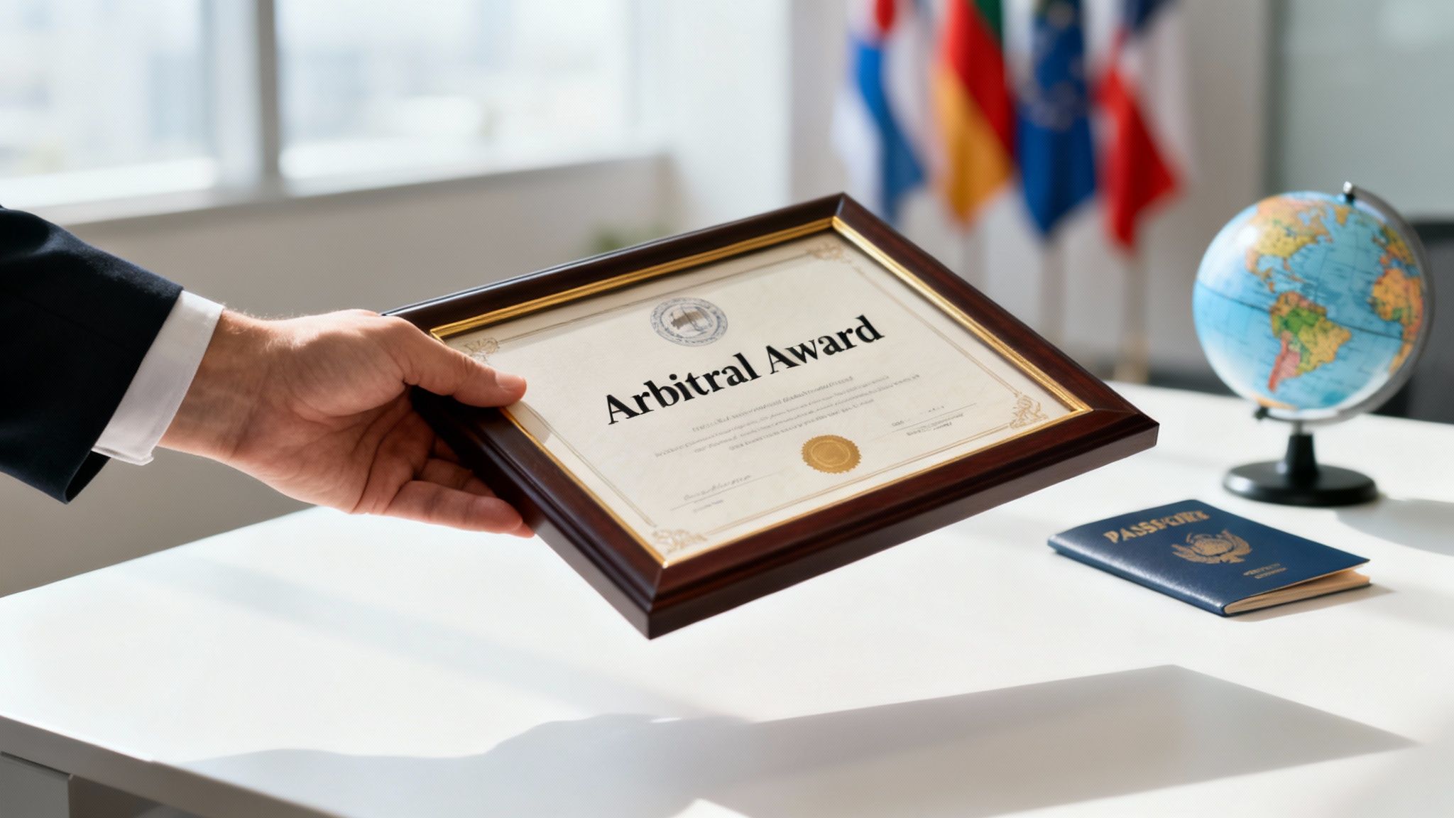 A hand presents a framed "Arbitral Award" document on a desk with a globe and passport.