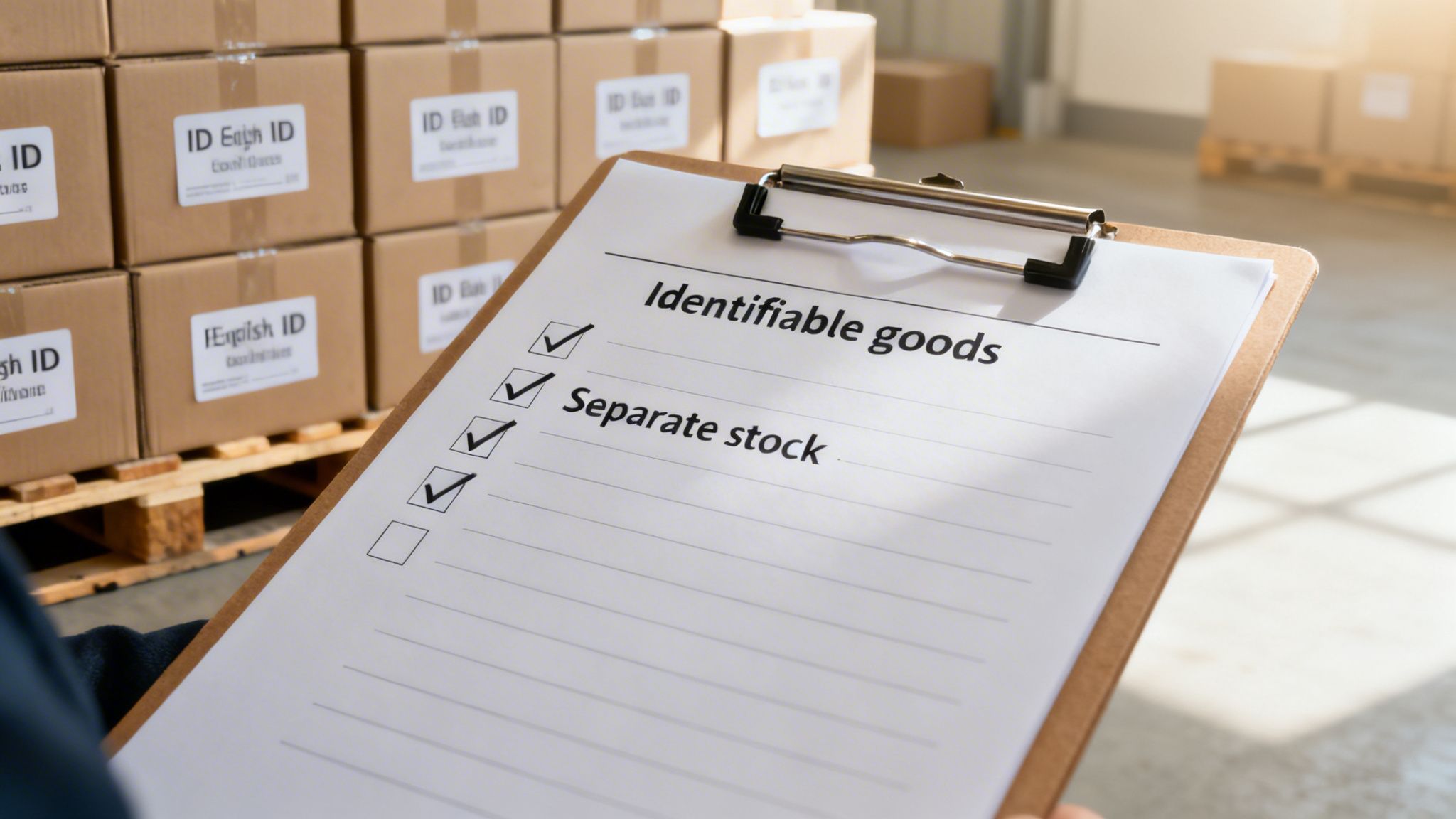 A person holds a clipboard checking 'Identifiable goods' and 'Separate stock' in a warehouse with many cardboard boxes.