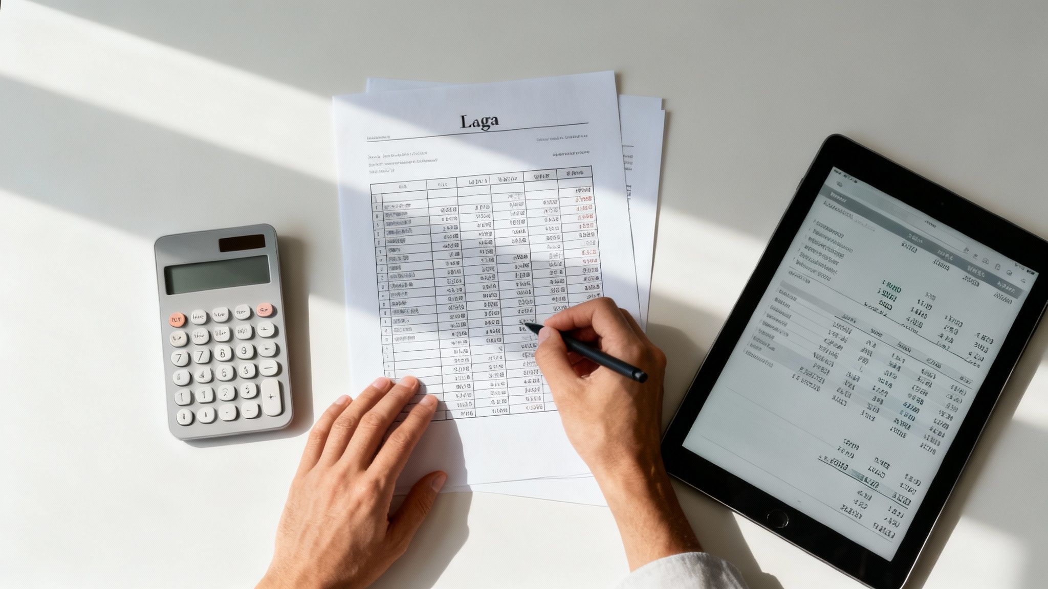 אישה מסדרת מסמכים פיננסיים על שולחן