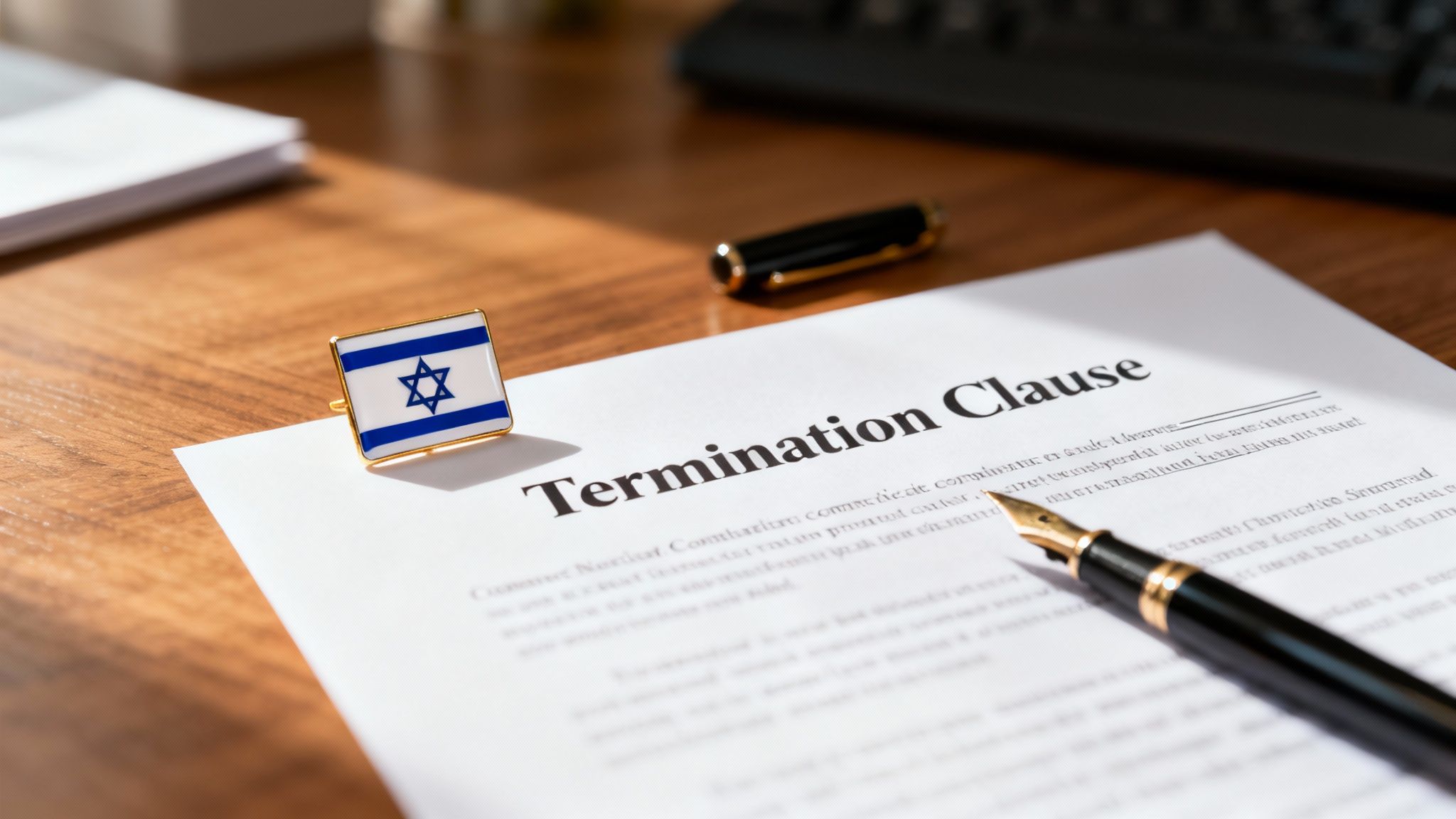 A document titled 'Termination Clause' with an Israel flag pin and a fountain pen on a wooden desk.