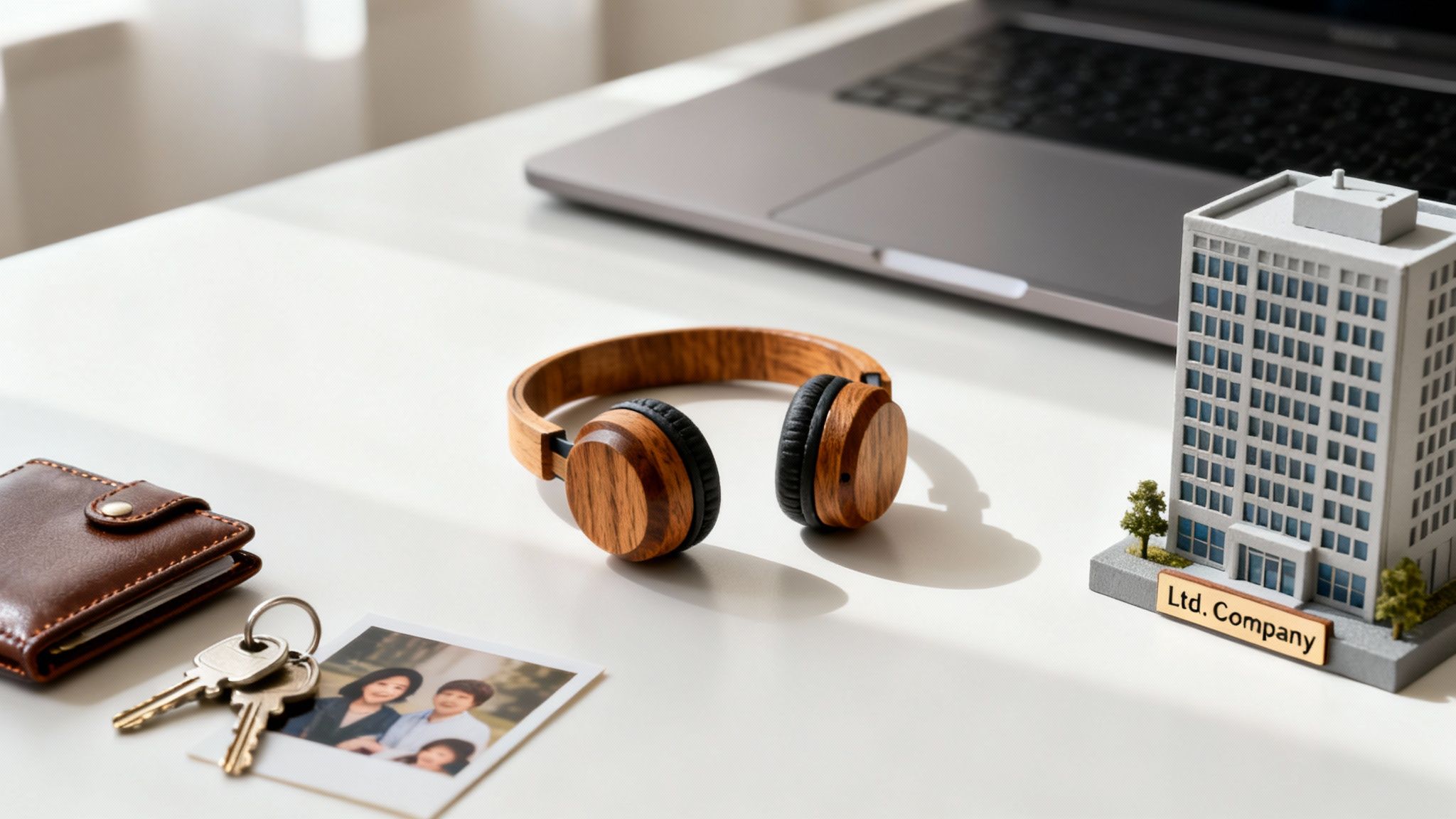 שולחן עבודה מואר עם מחשב נייד, אוזניות עץ, ארנק, מפתחות, תמונה משפחתית ובניין חברה מוקטן.