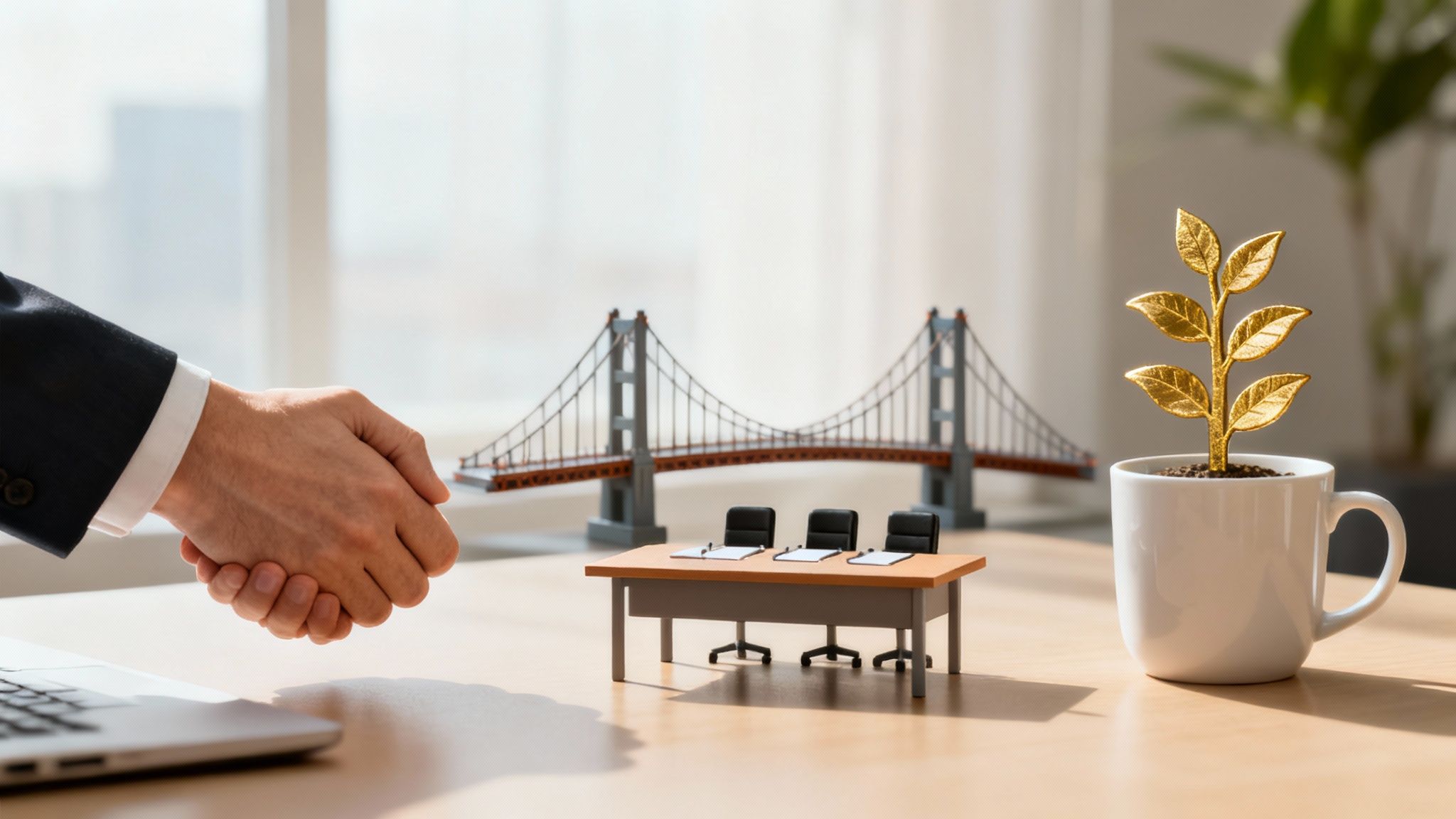 ידיים לוחצות, גשר מיניאטרי, שולחן ישיבות קטן, וצמח זהב - סמל לצמיחה עסקית.