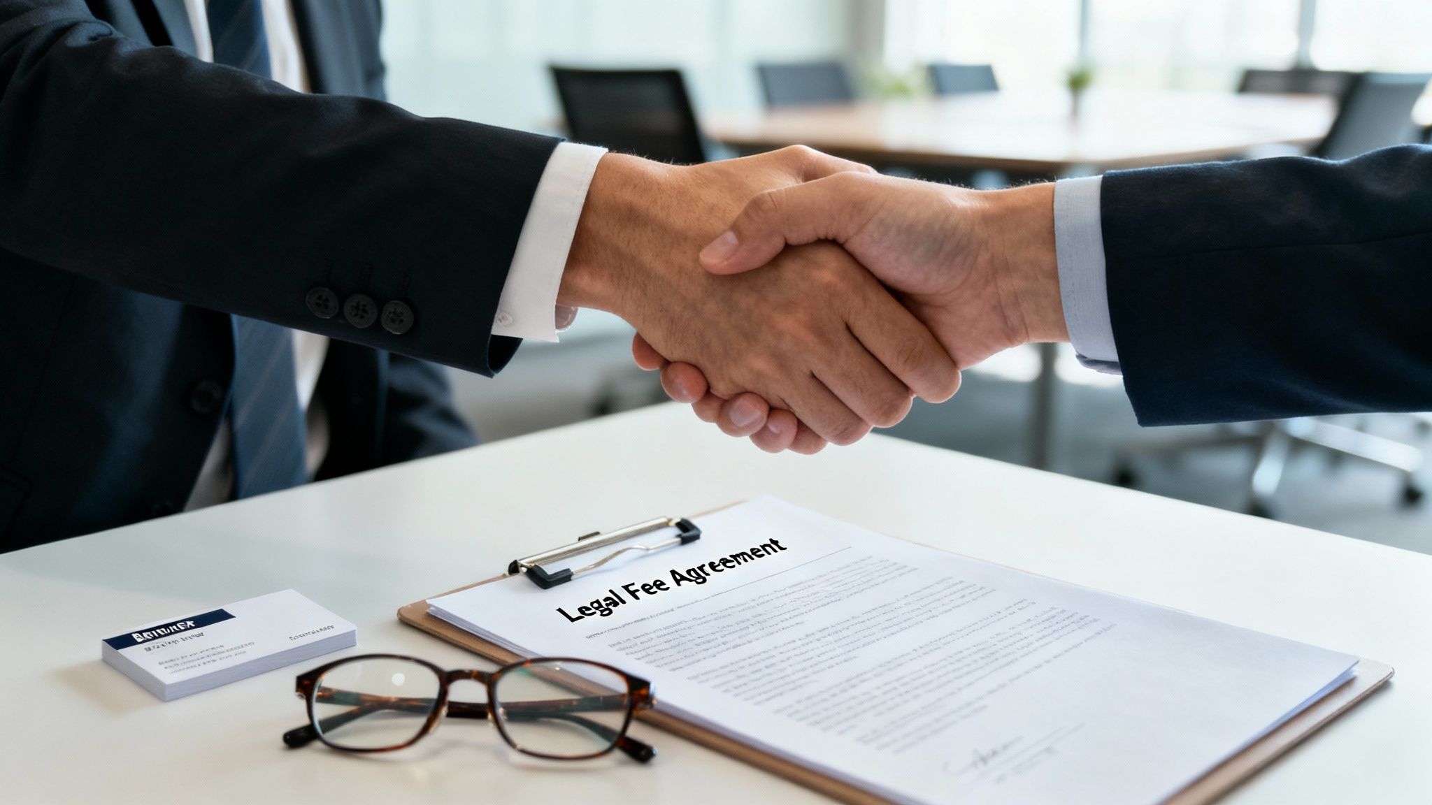Two businessmen finalize a deal with a handshake over a 'Legal Fee Agreement' document.