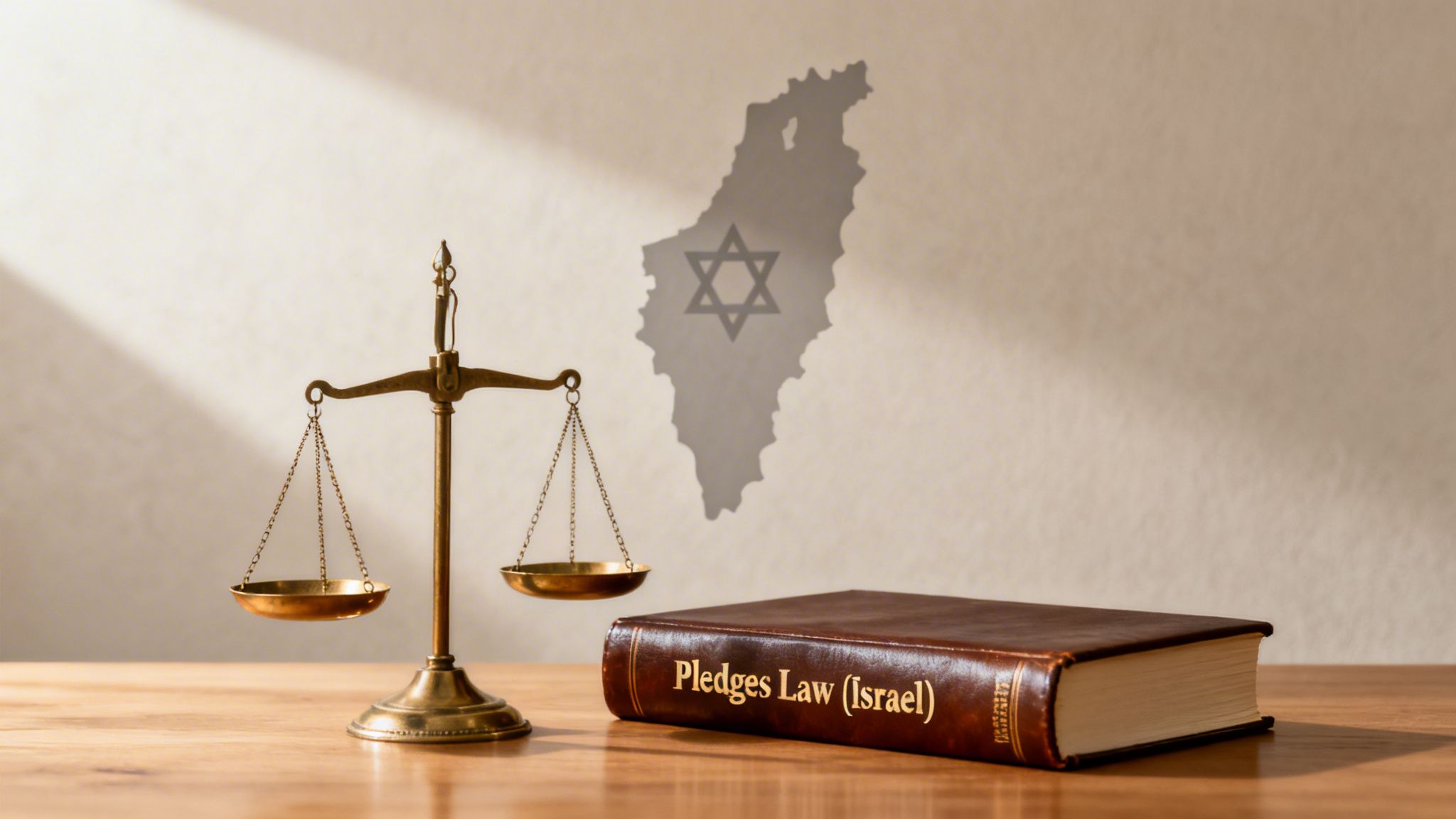 A scale of justice and a 'Pledges Law (Israel)' book on a table, with Israel's map shadow.