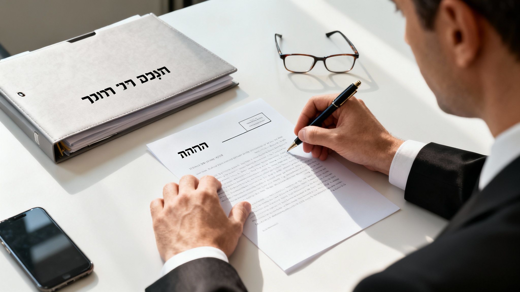 עורך דין חותם על מסמכים חשובים במשרד, עם תיקייה ומשקפיים על השולחן המואר.