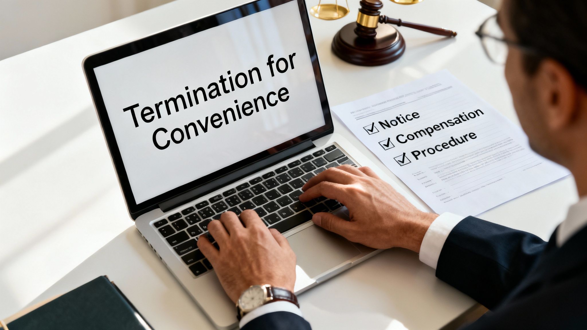 Lawyer reviews 'Termination for Convenience' on laptop screen and legal document details.