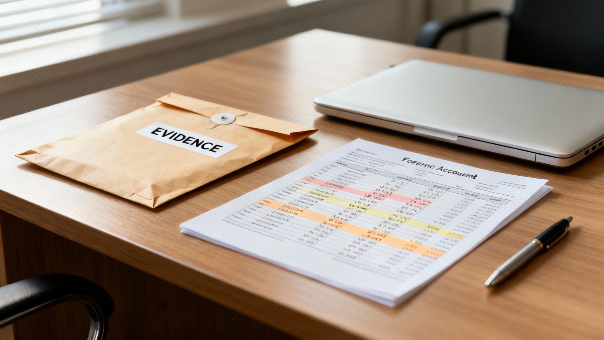 A desk with an 'EVIDENCE' envelope, a 'Forensic Account' document, a laptop, and a pen.