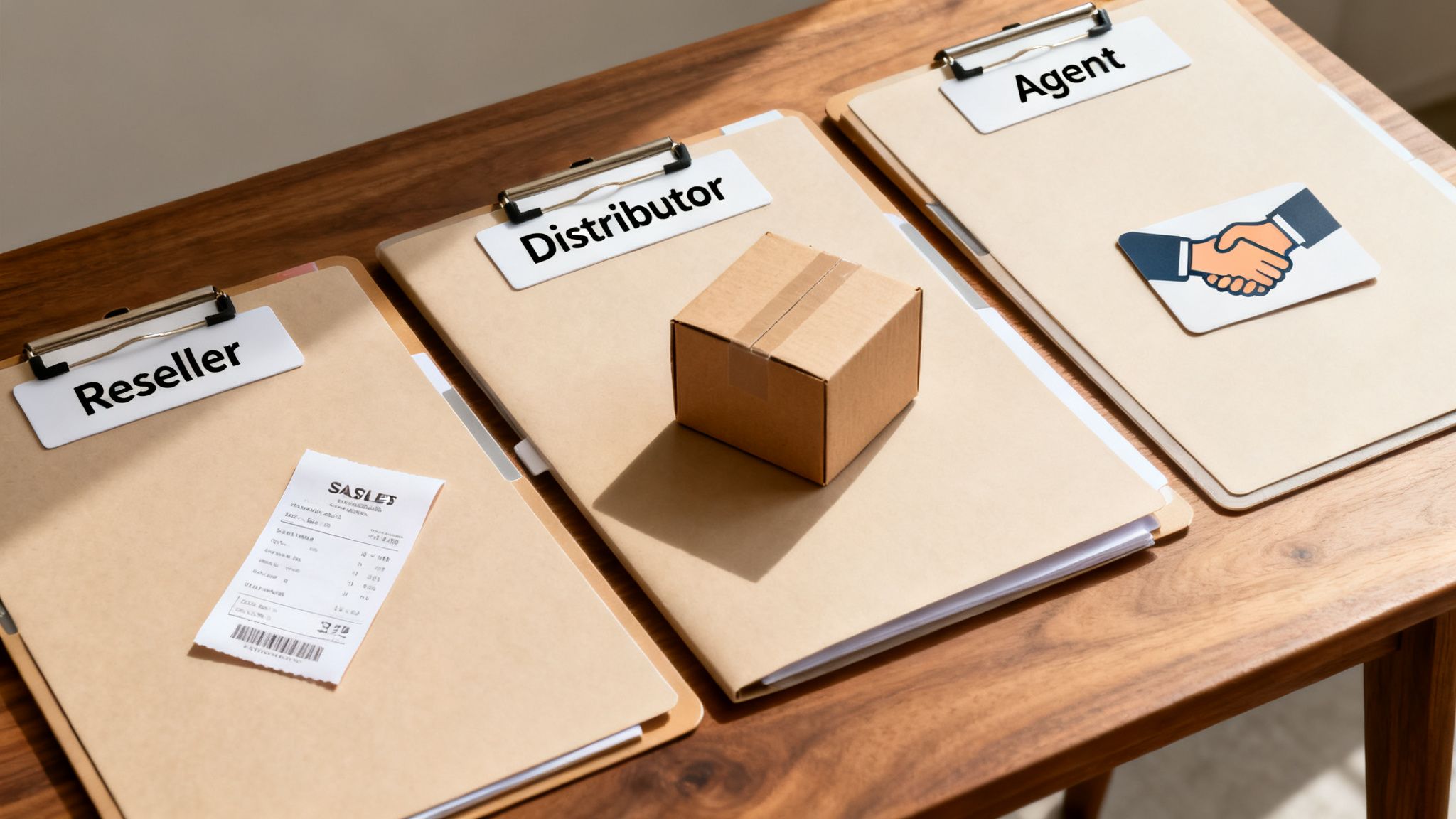 Three clipboards on a wooden table, labeled Reseller, Distributor, and Agent, depicting business roles.