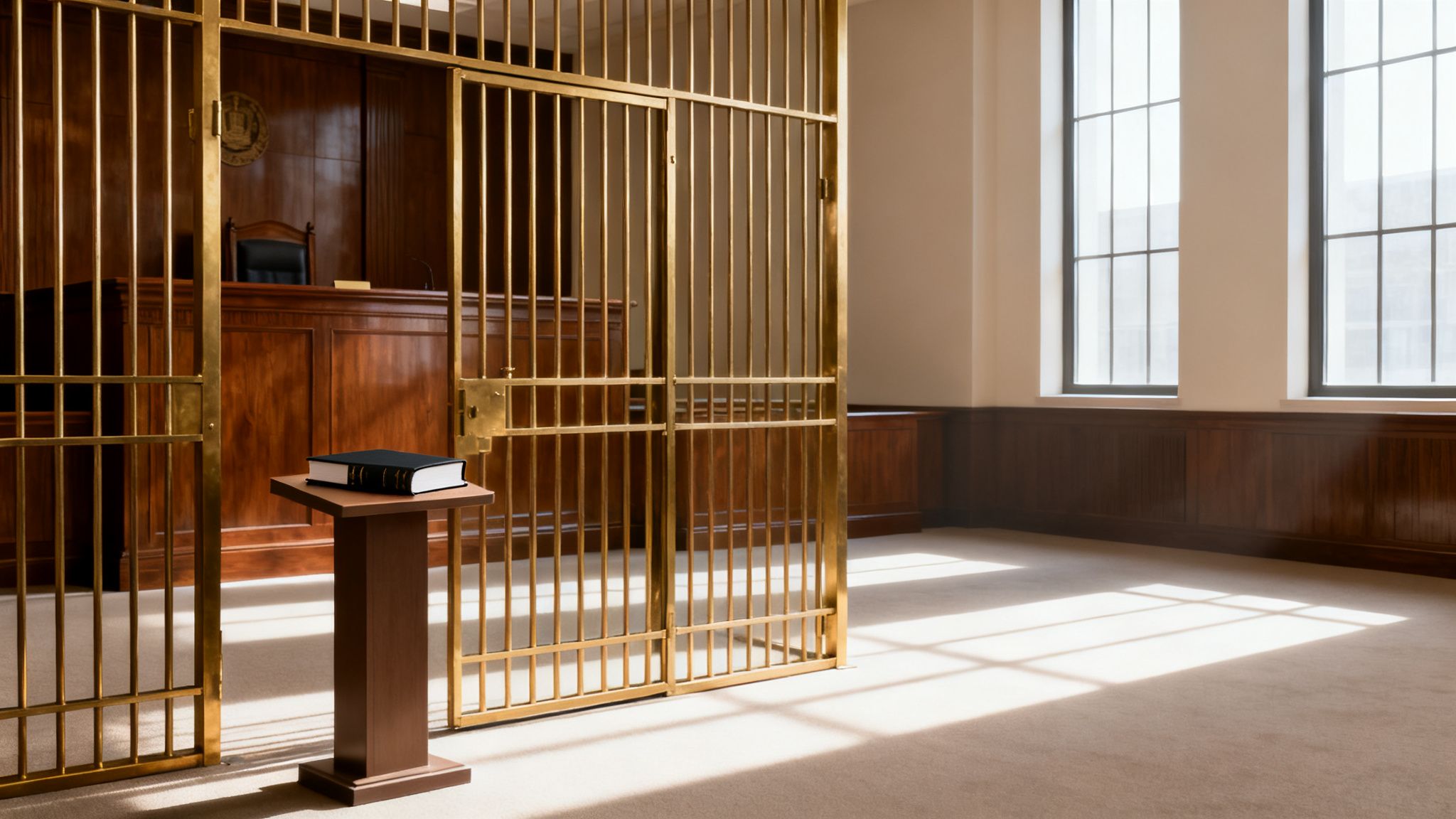 An empty courtroom scene featuring a judge's bench, witness stand with a law book, and brass bars.
