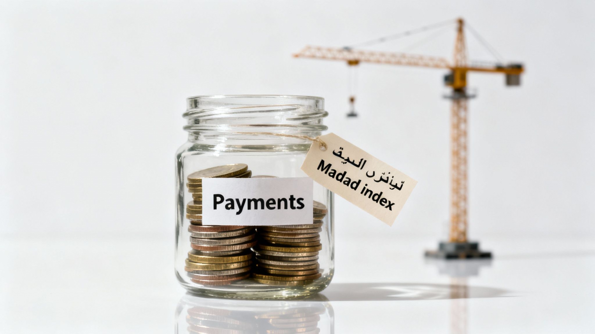 A glass jar with coins labeled "Payments", a "Madad index" tag, and a construction crane.