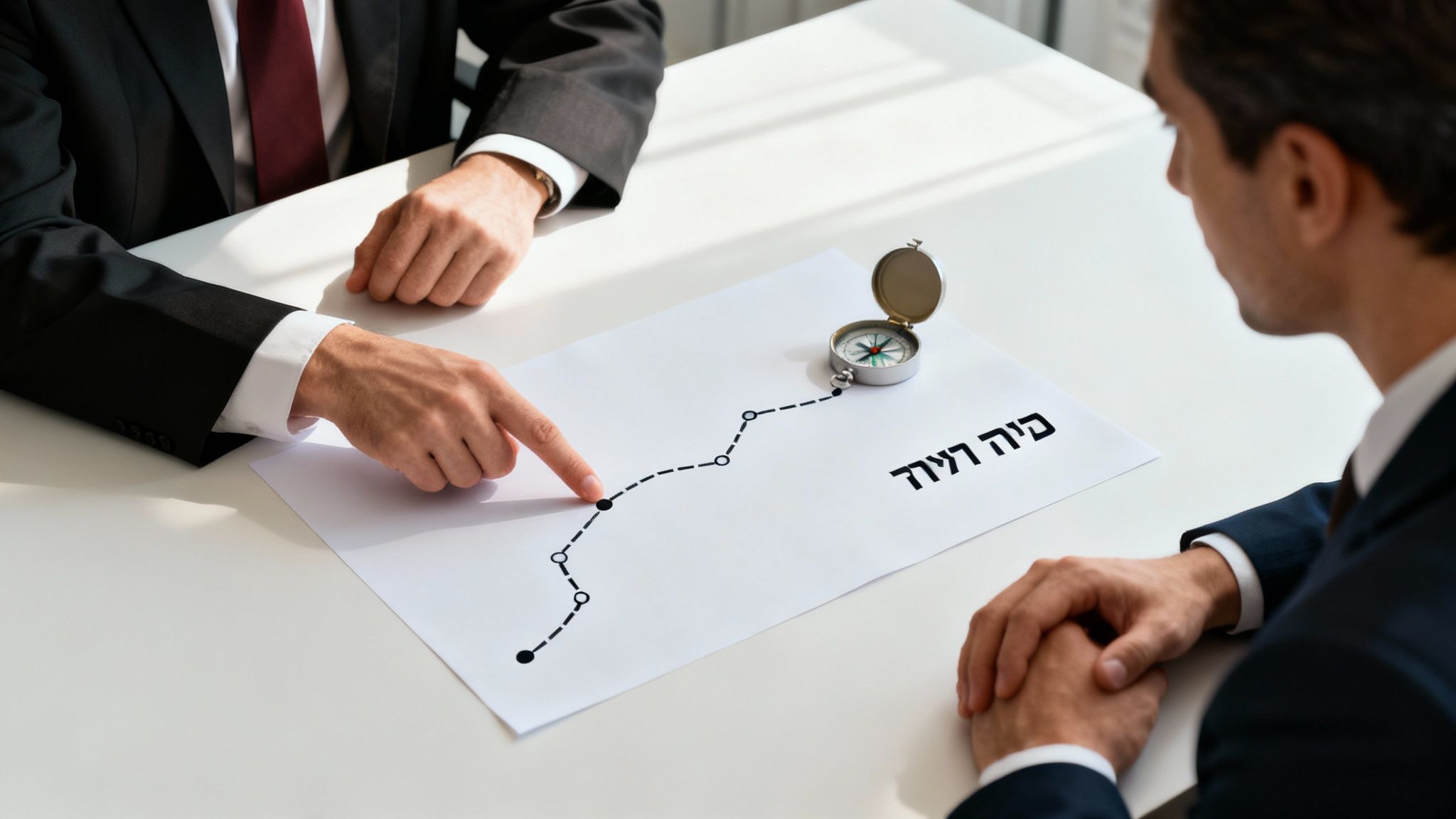 שני אנשי עסקים דנים במסמך עם גרף התקדמות ומצפן על שולחן לבן.