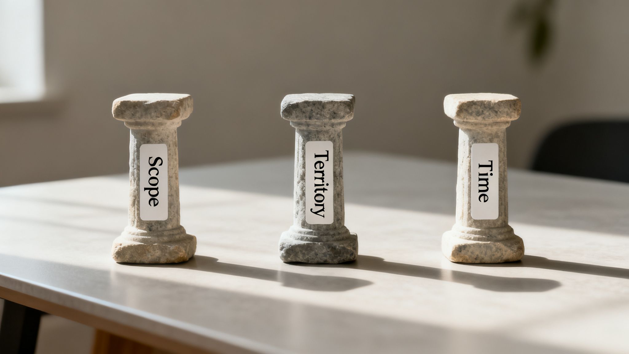 Three miniature stone pillars labeled 'Scope', 'Territory', and 'Time' stand on a table in sunlight.