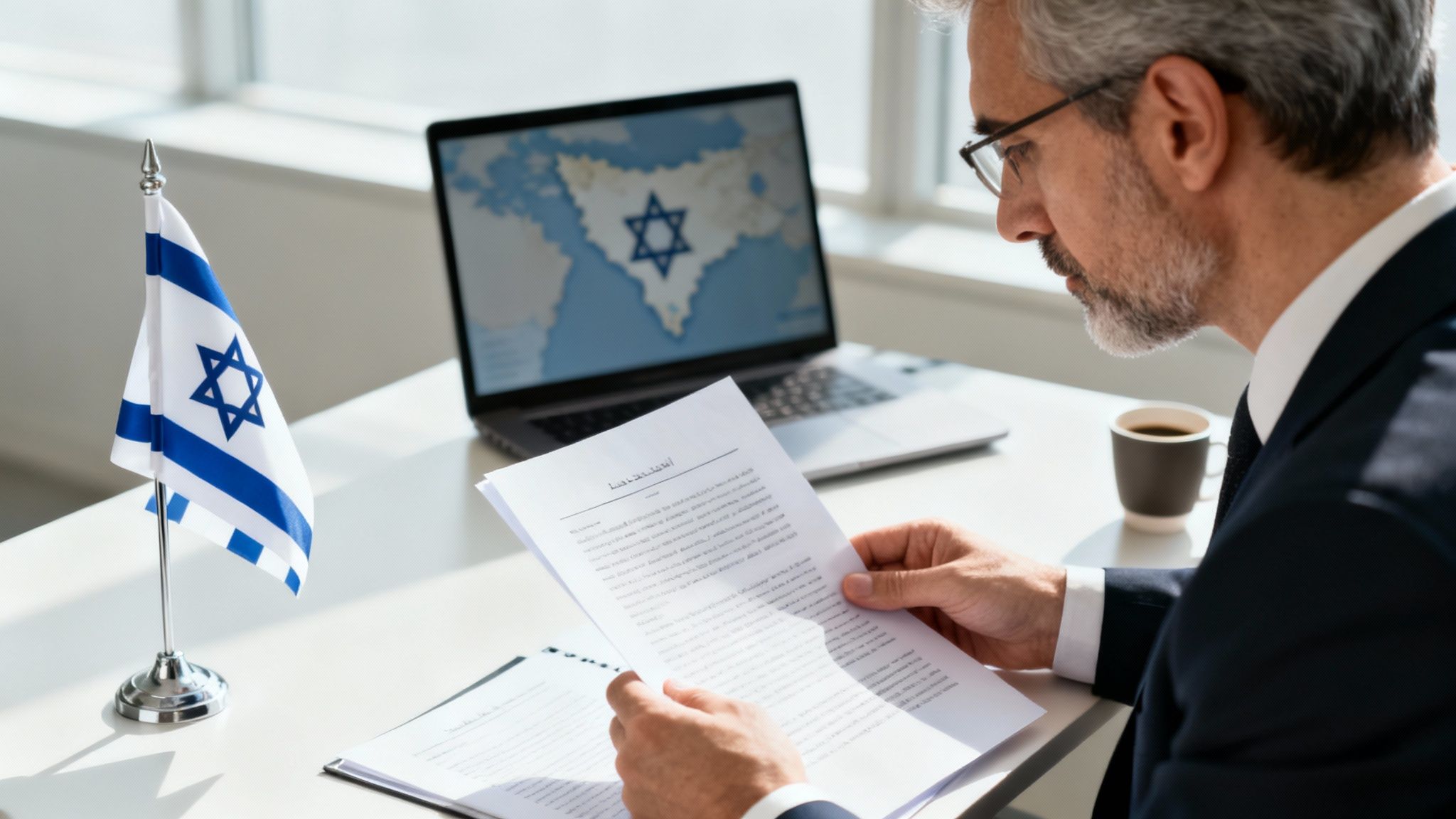 A man reviews documents at a desk with an Israeli flag, laptop displaying a map of Israel, and coffee.