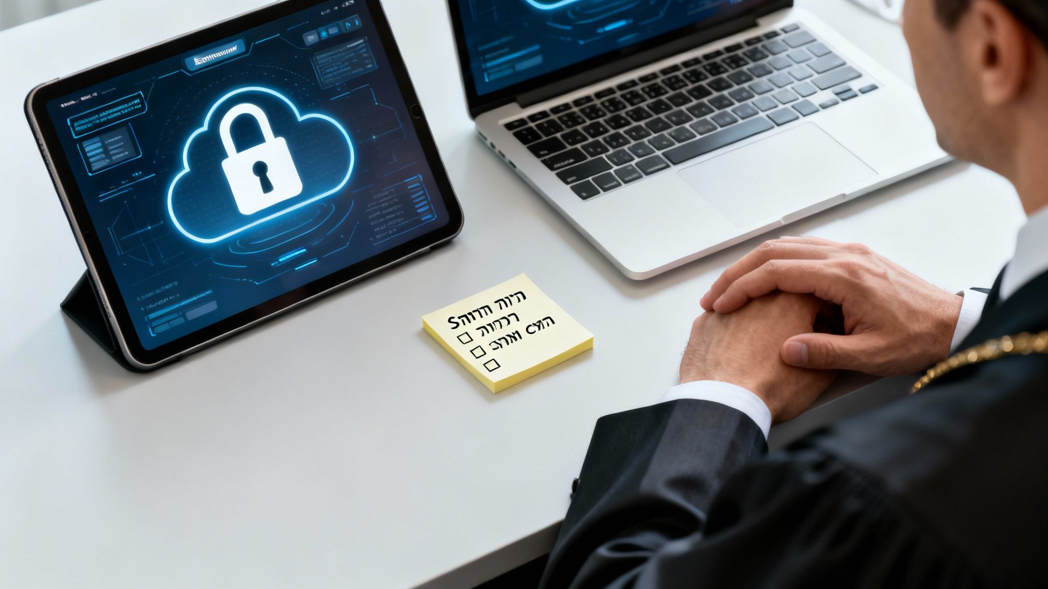 עורך דין צופה במסך טאבלט המציג אבטחת ענן עם מנעול, לידו מחשב נייד ופתק תזכורת.