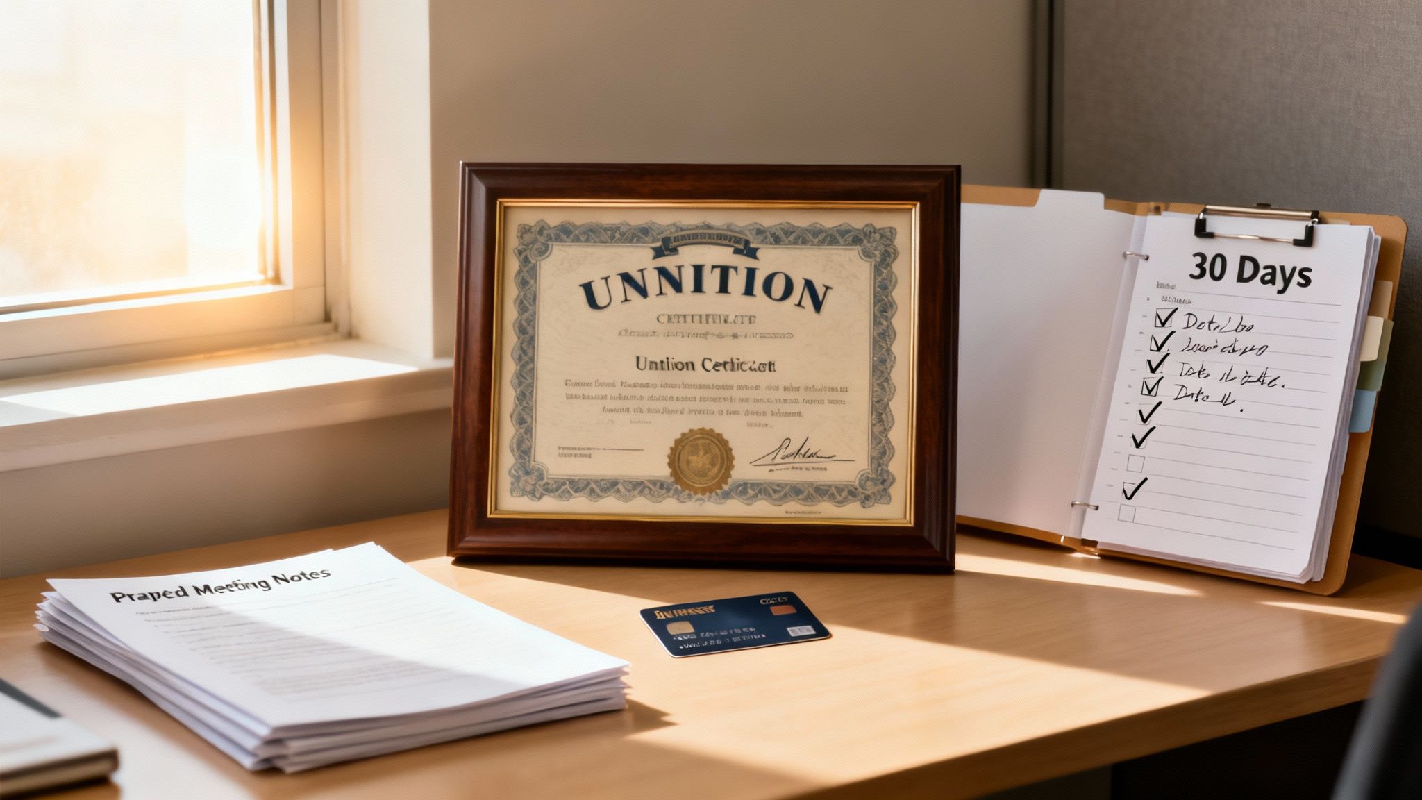 שולחן משרד מואר באור שמש עם תעודה ממוסגרת, סיכומי פגישה ורשימת משימות.