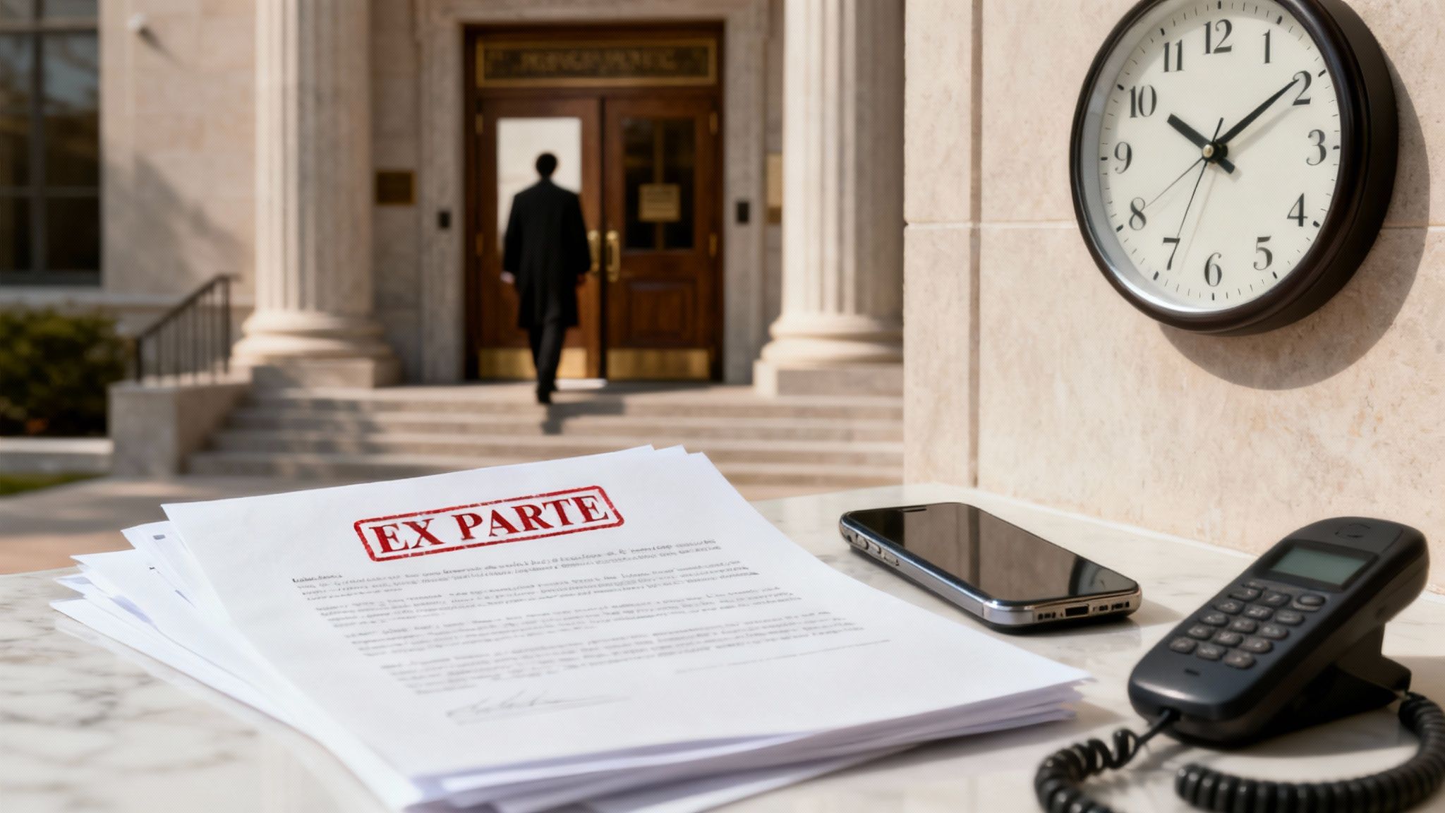 A lawyer approaches a courthouse, with legal documents marked 'EX PARTE', a phone, and a clock on a desk.