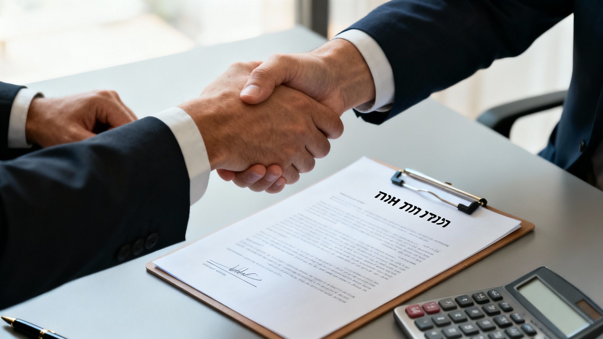 שני אנשי עסקים לוחצים ידיים מעל שולחן משרדי עם מסמך חתום ומחשבון. ייצוג הסכם או שיתוף פעולה.