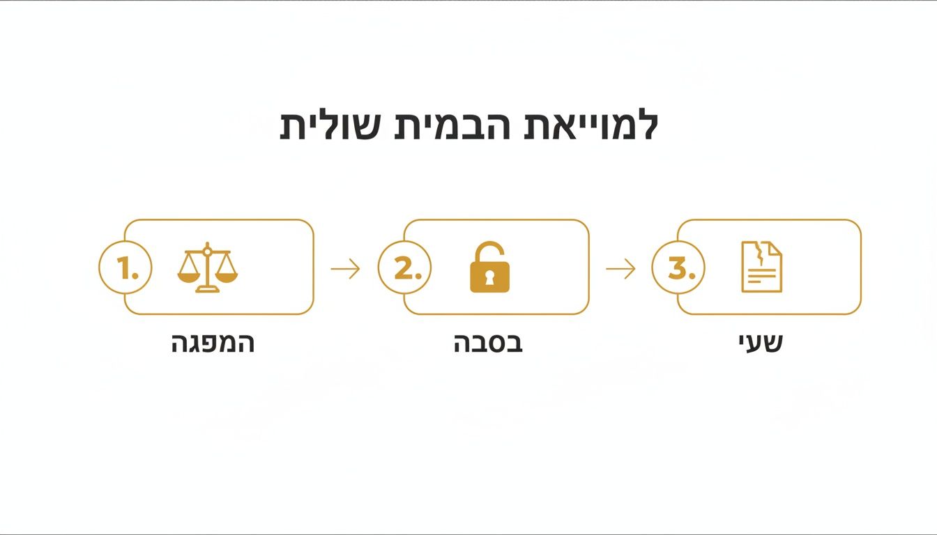 תרשים תהליך תלת-שלבי: משפט (מאזניים), שחרור (מנעול פתוח) וביטול מסמך (דף קרוע) עם טקסט בעברית.