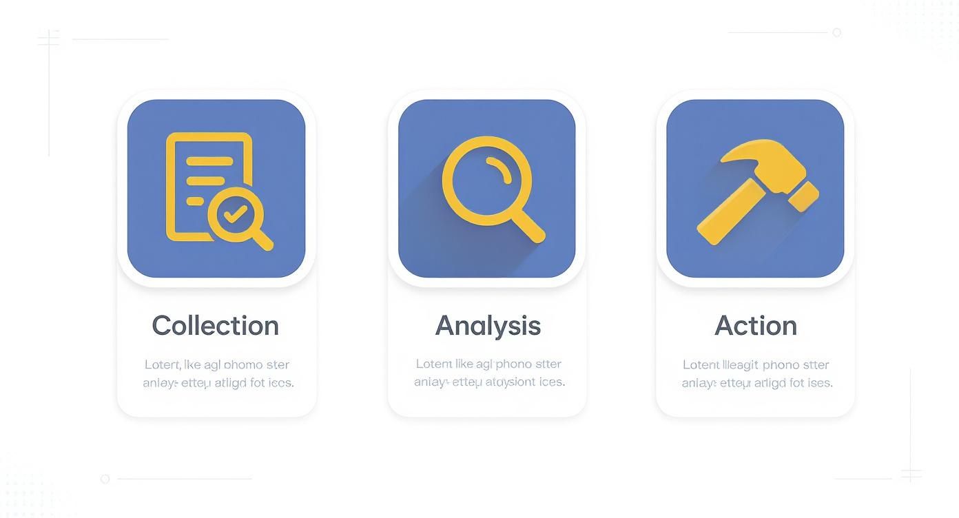 שלושה כרטיסים המתארים תהליך: איסוף נתונים, ניתוח ממצאים ופעולה בהתאם, עם אייקונים מתאימים.
