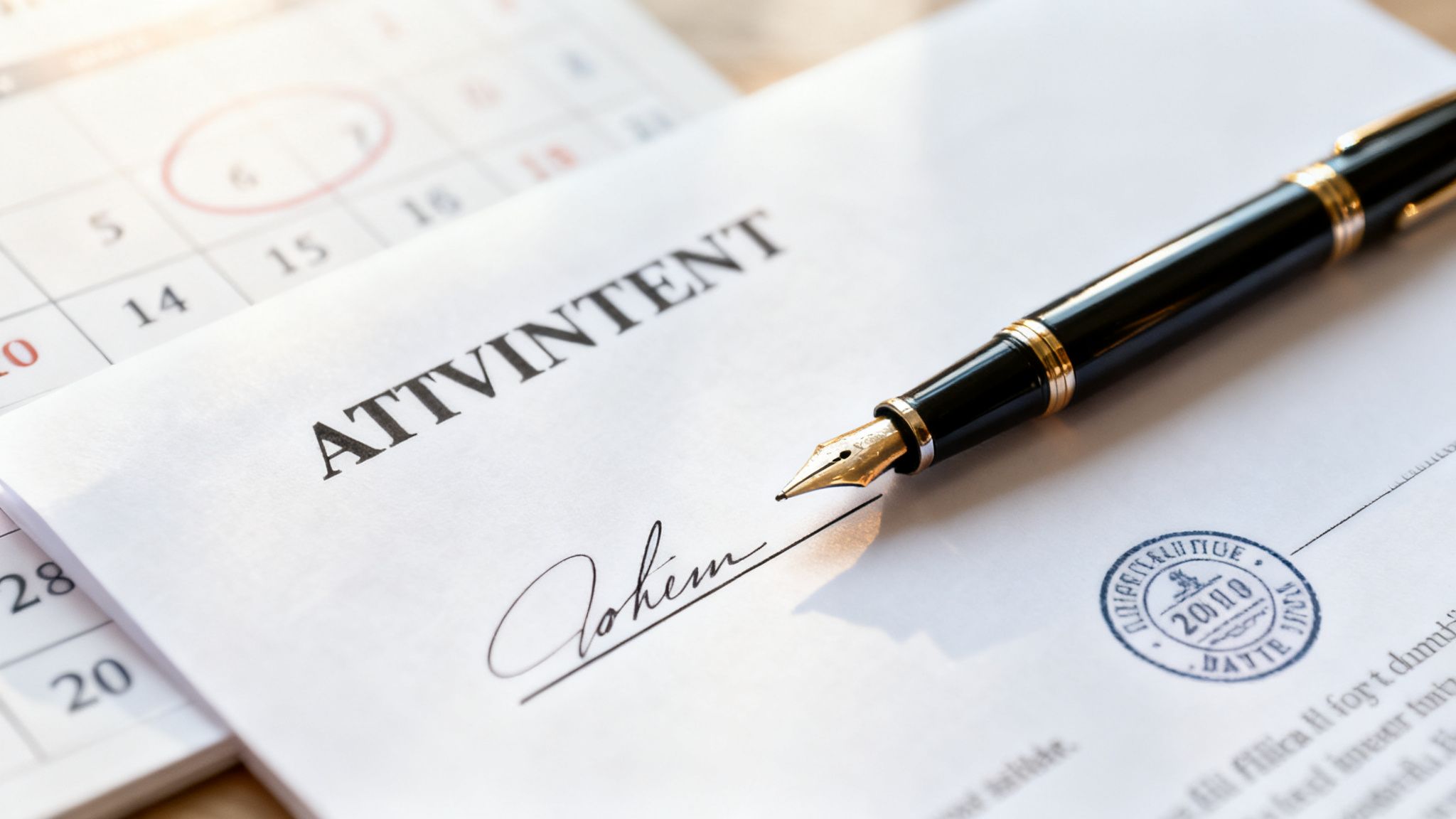 A fountain pen rests on a signed legal document with an official stamp and a calendar.