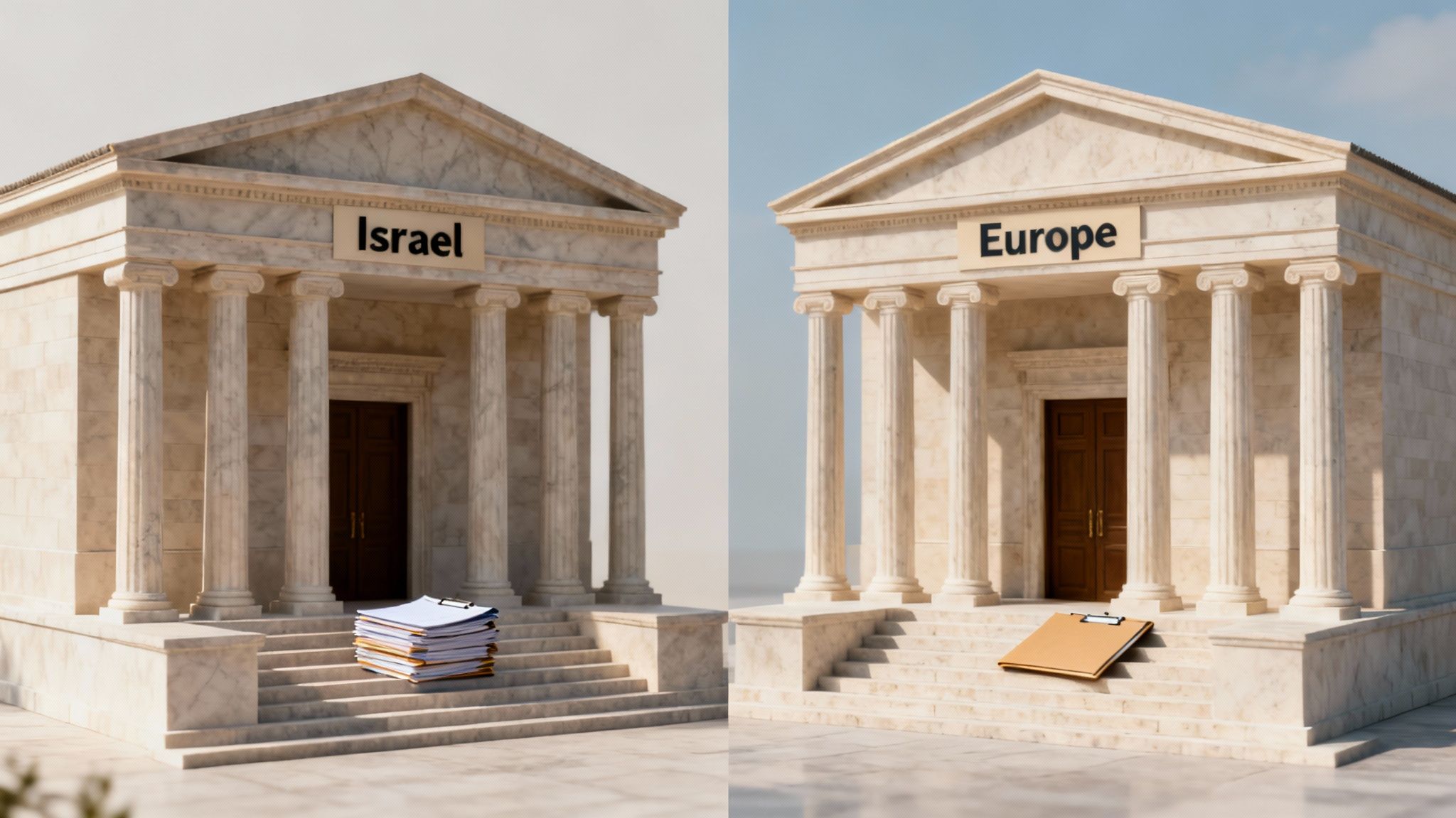 Classical buildings represent Israel with many documents and Europe with a single clipboard.